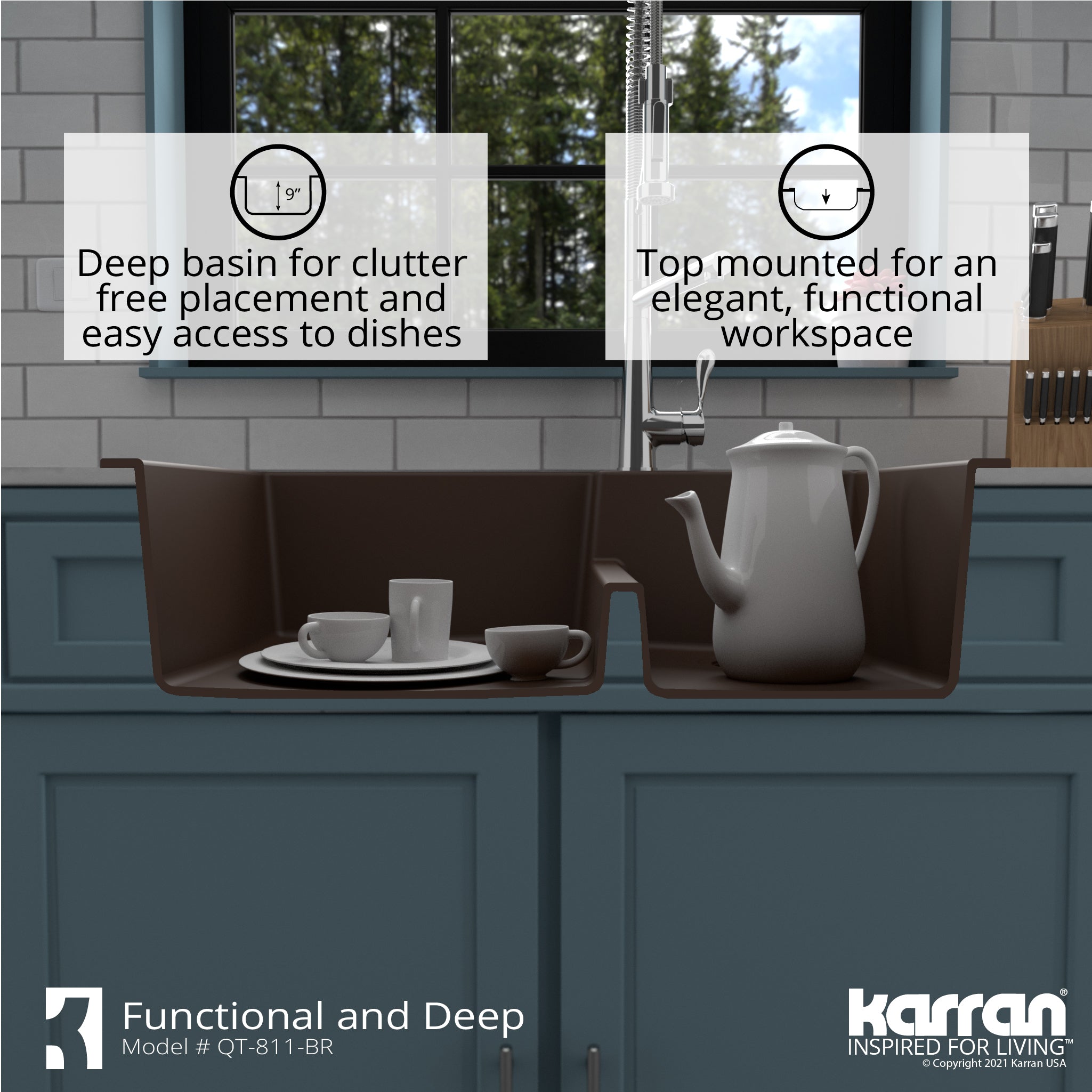Alternate Image for Karran 33" Drop In/Topmount Quartz Composite Kitchen Sink with Accessories, 60/40 Double Bowl, Brown, QT-811-BR-PK1