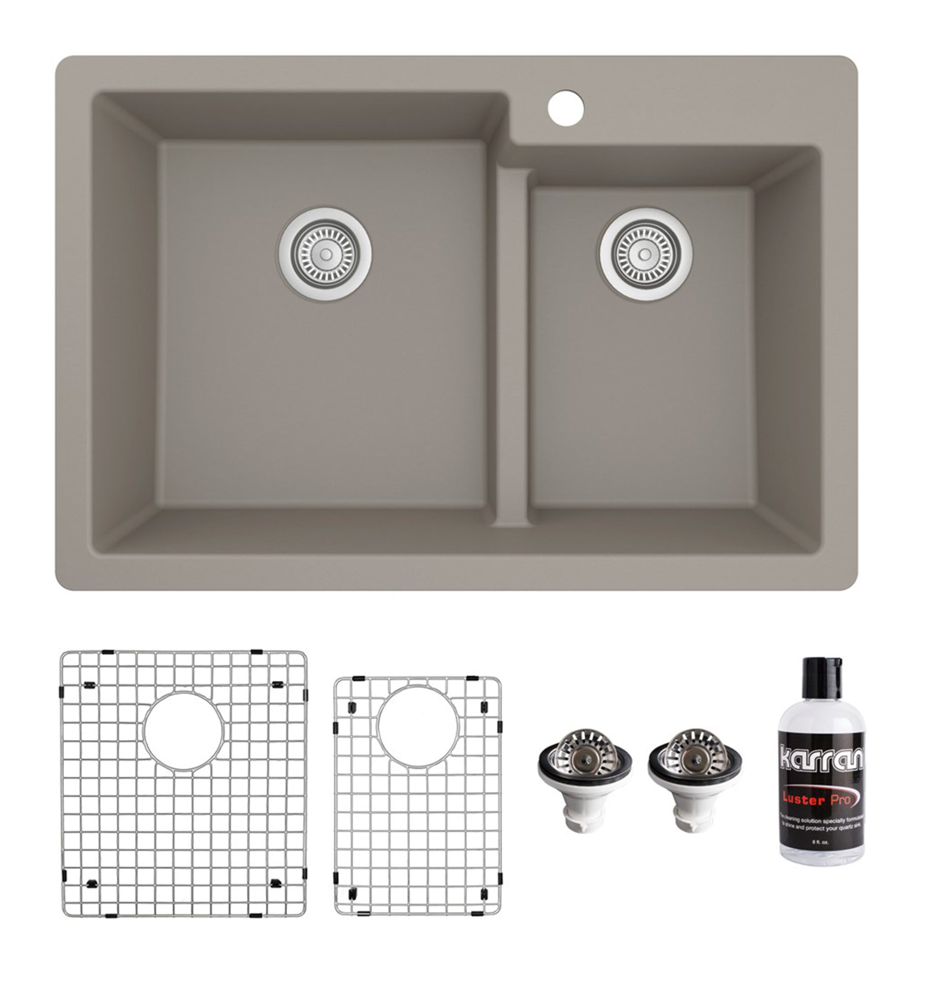 Karran 33" Drop In/Topmount Quartz Composite Kitchen Sink with Accessories, 60/40 Double Bowl, Concrete, QT-811-CN-PK1