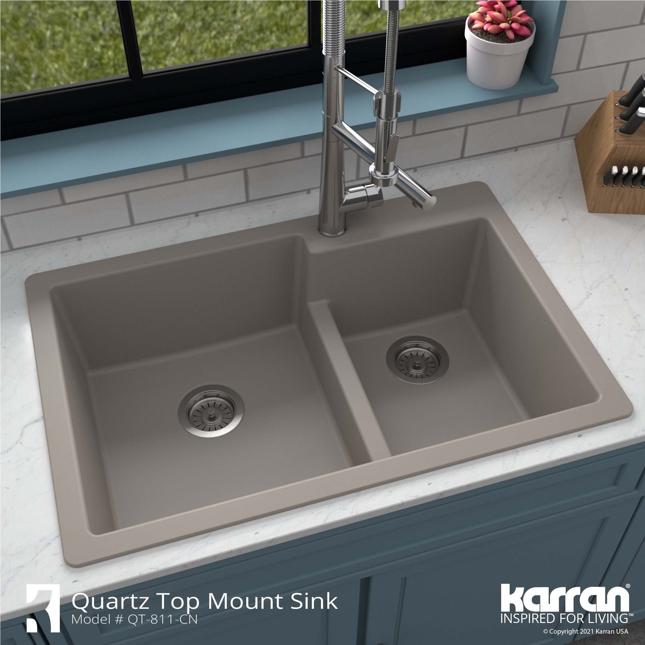 Alternate Image for Karran 33" Drop In/Topmount Quartz Composite Kitchen Sink with Accessories, 60/40 Double Bowl, Concrete, QT-811-CN-PK1