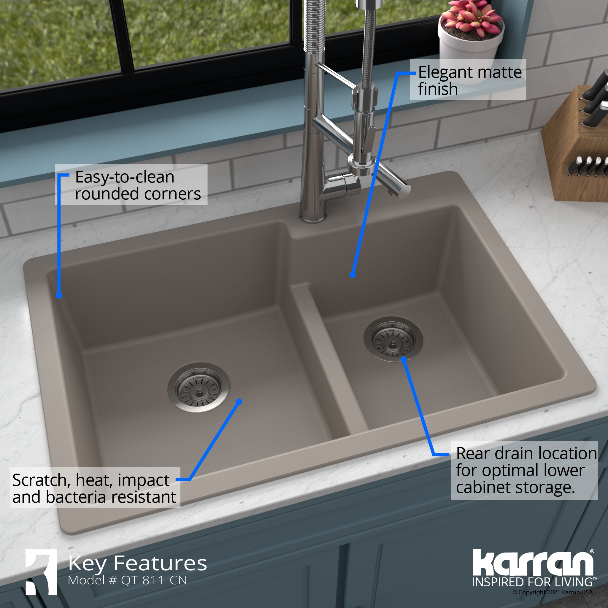 Alternate Image for Karran 33" Drop In/Topmount Quartz Composite Kitchen Sink with Accessories, 60/40 Double Bowl, Concrete, QT-811-CN-PK1