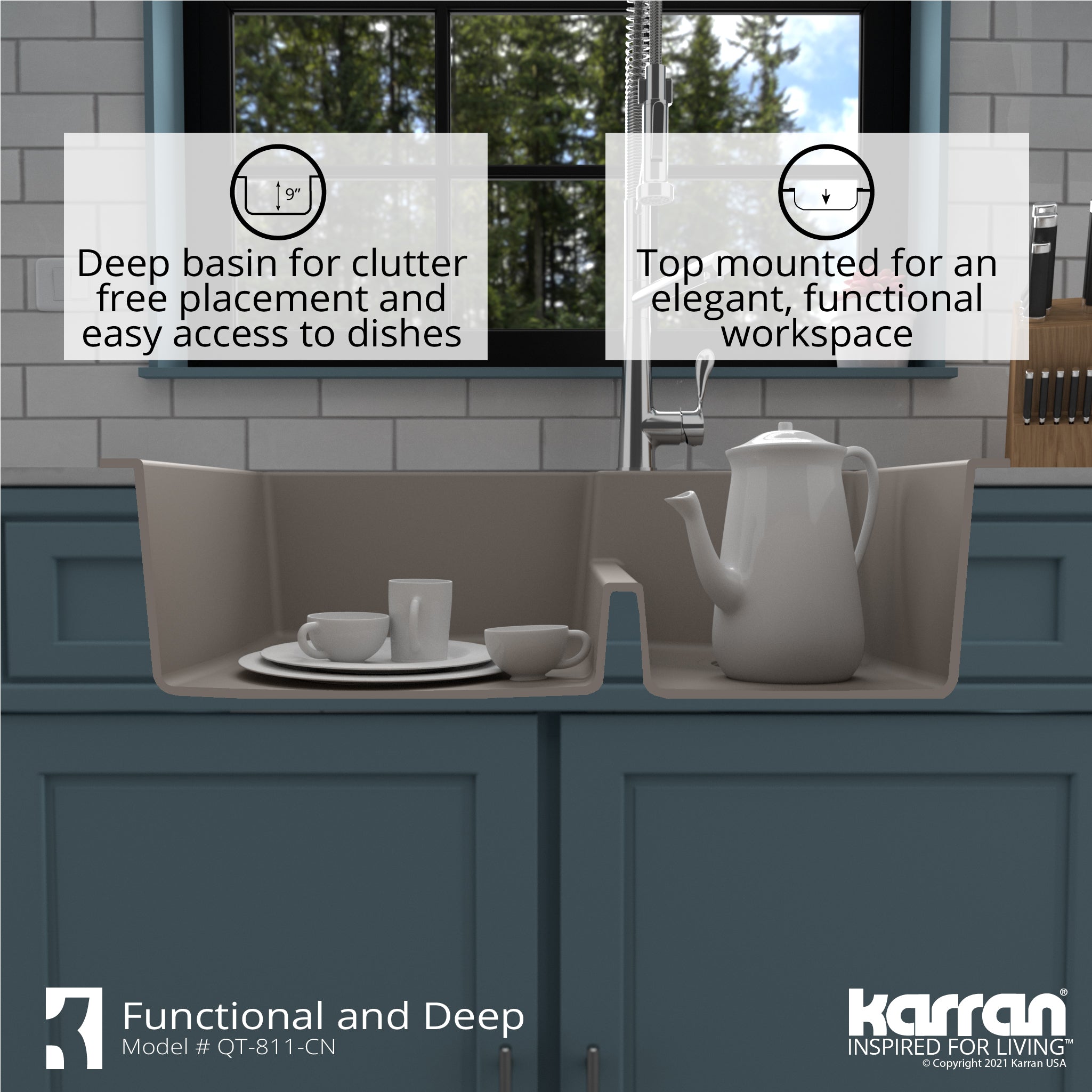 Alternate Image for Karran 33" Drop In/Topmount Quartz Composite Kitchen Sink with Accessories, 60/40 Double Bowl, Concrete, QT-811-CN-PK1