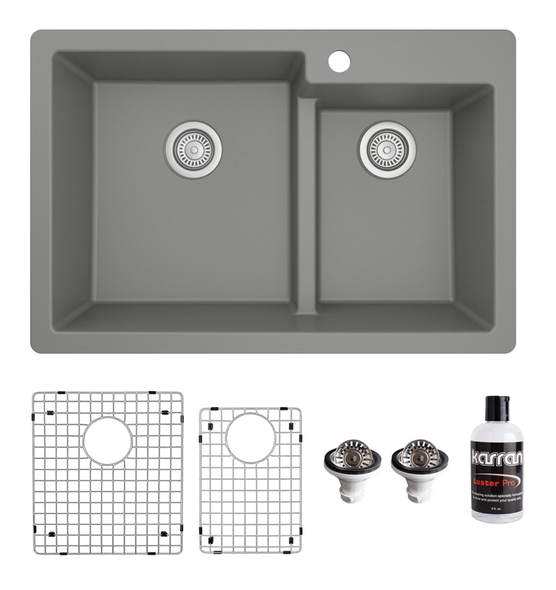 Karran 33" Drop In/Topmount Quartz Composite Kitchen Sink with Accessories, 60/40 Double Bowl, Grey, QT-811-GR-PK1