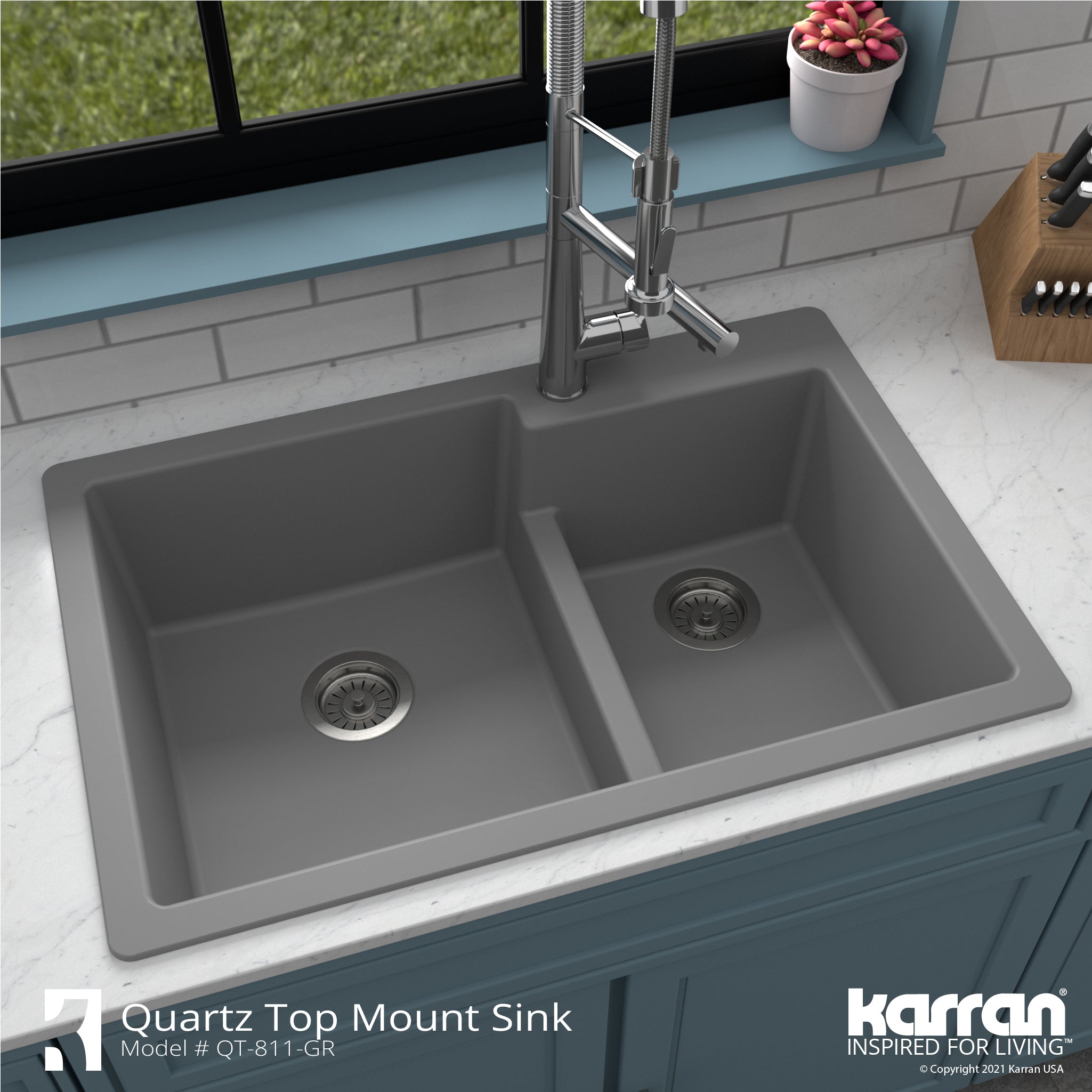 Alternate Image for Karran 33" Drop In/Topmount Quartz Composite Kitchen Sink with Accessories, 60/40 Double Bowl, Grey, QT-811-GR-PK1