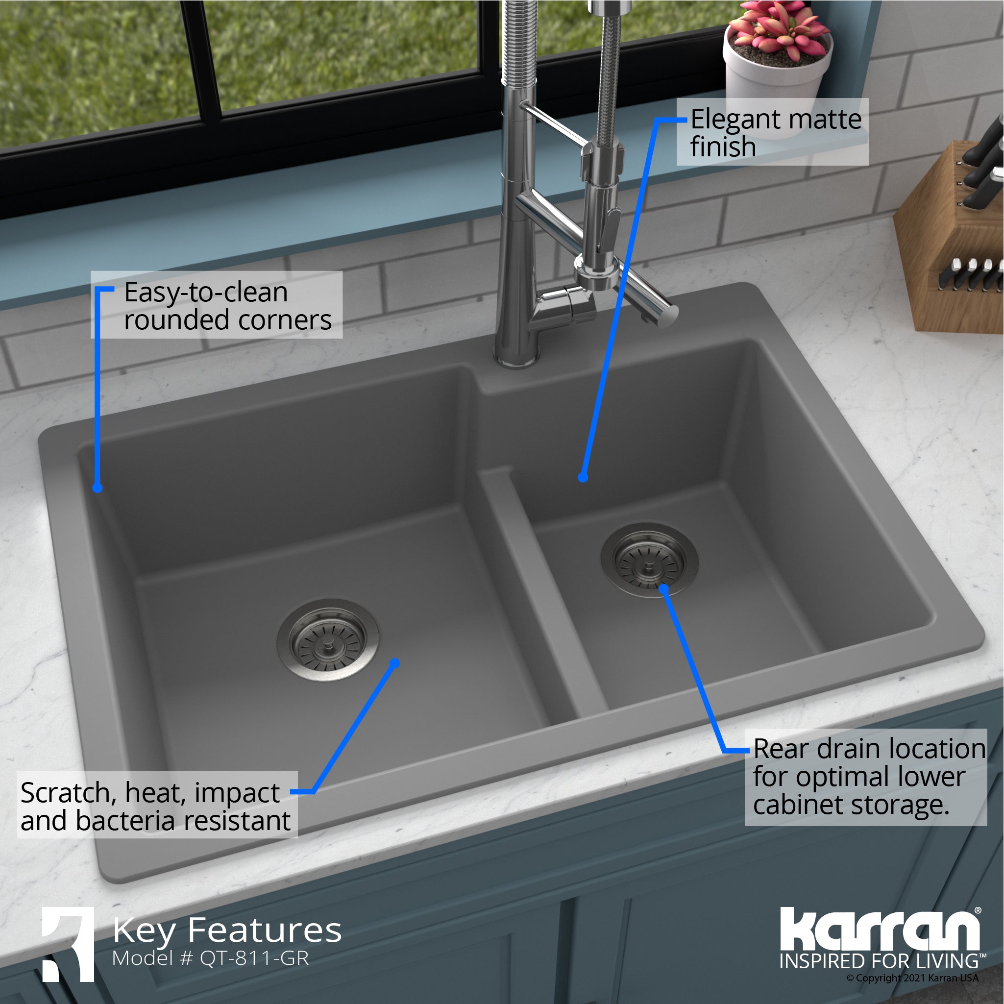 Alternate Image for Karran 33" Drop In/Topmount Quartz Composite Kitchen Sink with Accessories, 60/40 Double Bowl, Grey, QT-811-GR-PK1