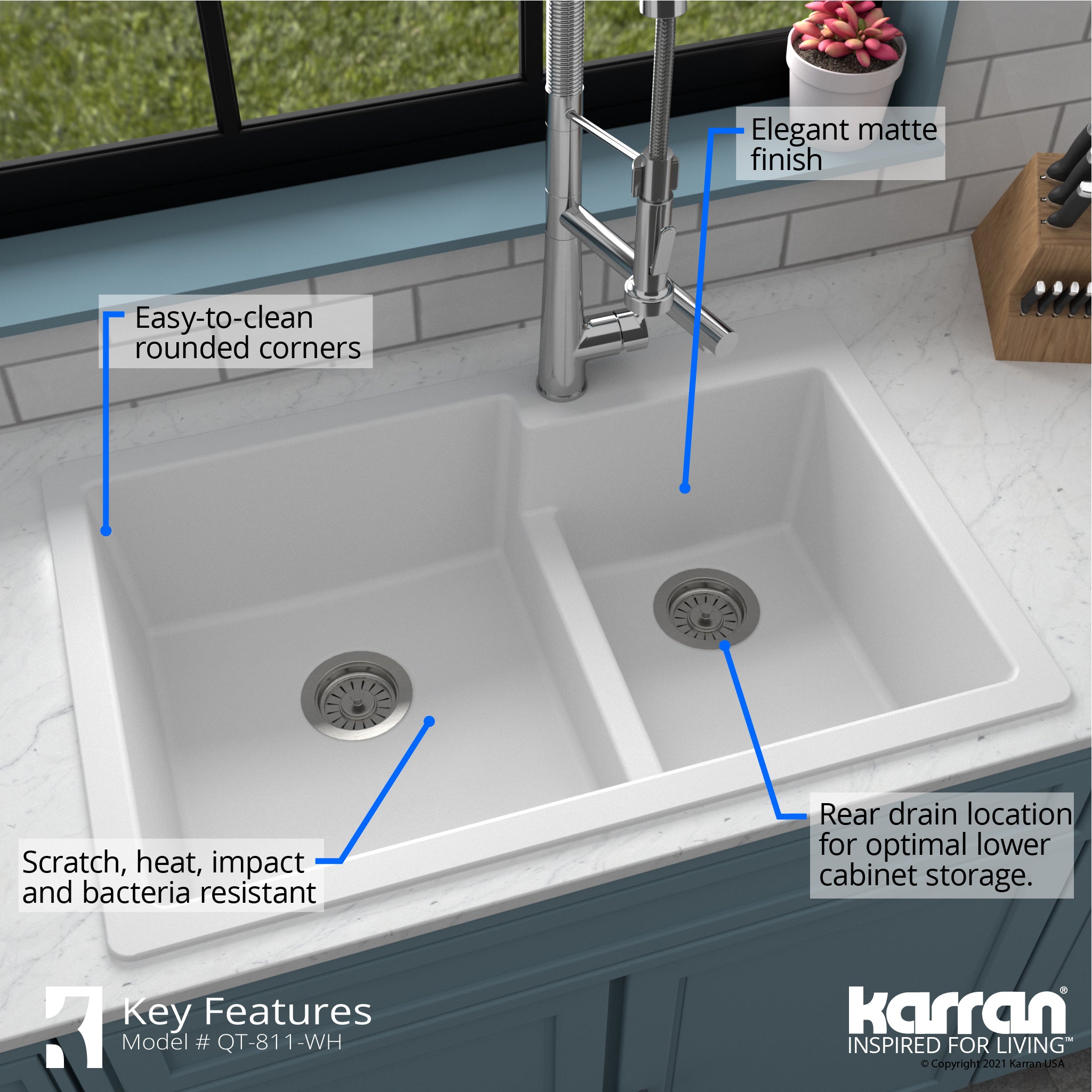Alternate Image for Karran 33" Drop In/Topmount Quartz Composite Kitchen Sink with Accessories, 60/40 Double Bowl, White, QT-811-WH-PK1