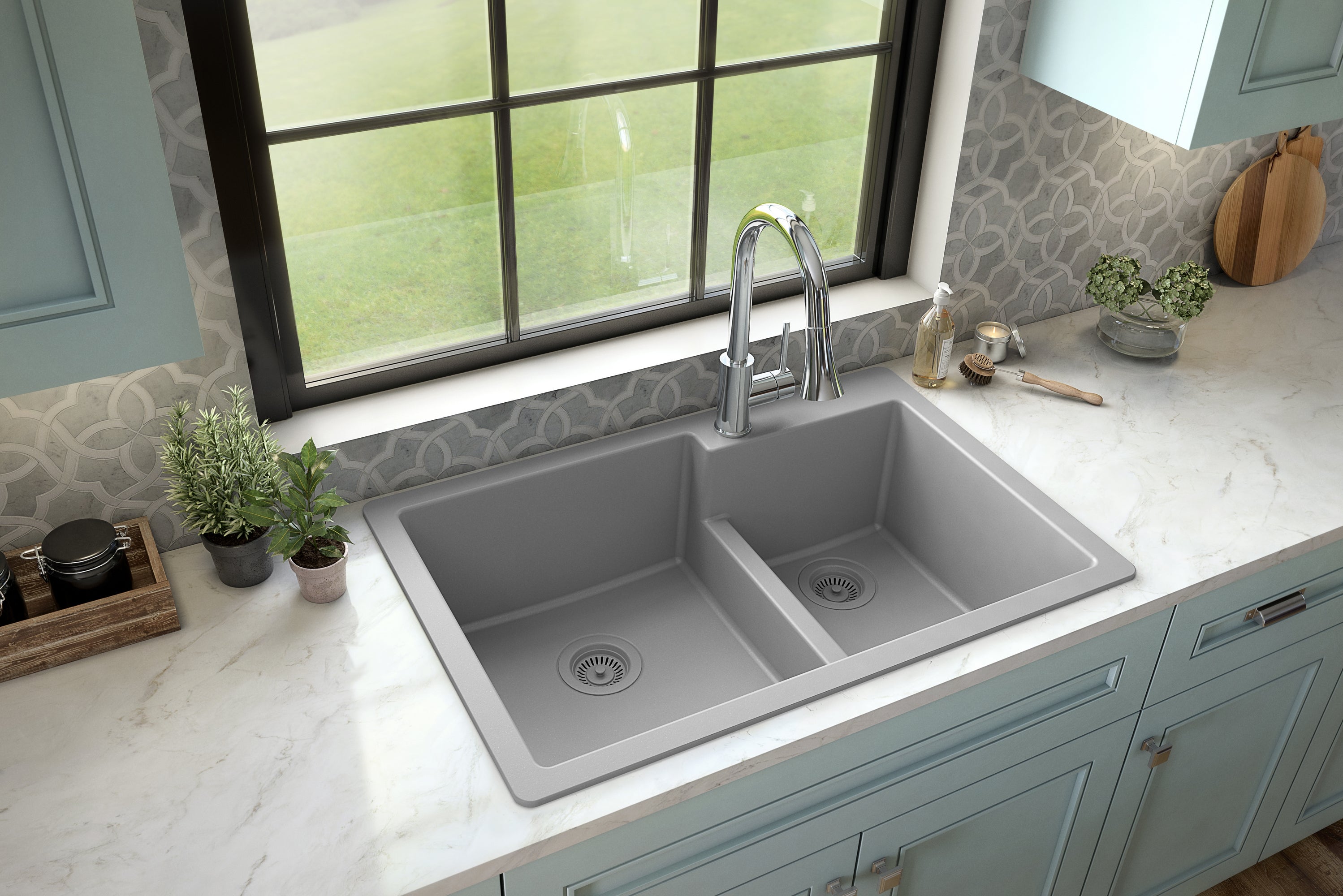 Karran 33" Drop In/Topmount Quartz Composite Kitchen Sink with Accessories, 60/40 Double Bowl, Grey, QT-811-GR-PK1