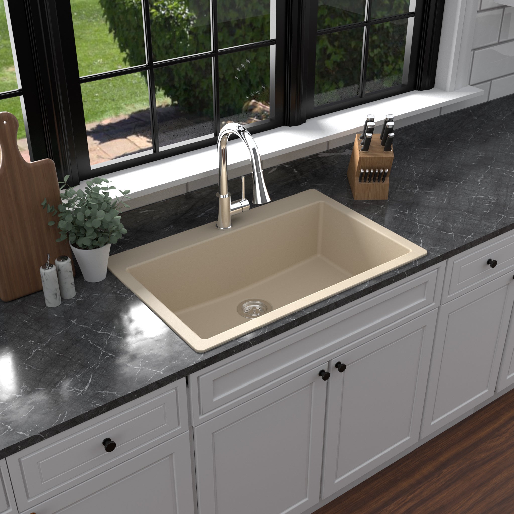Karran 33" Drop In/Topmount Quartz Composite Kitchen Sink with Accessories, Bisque, QT-812-BI-PK1