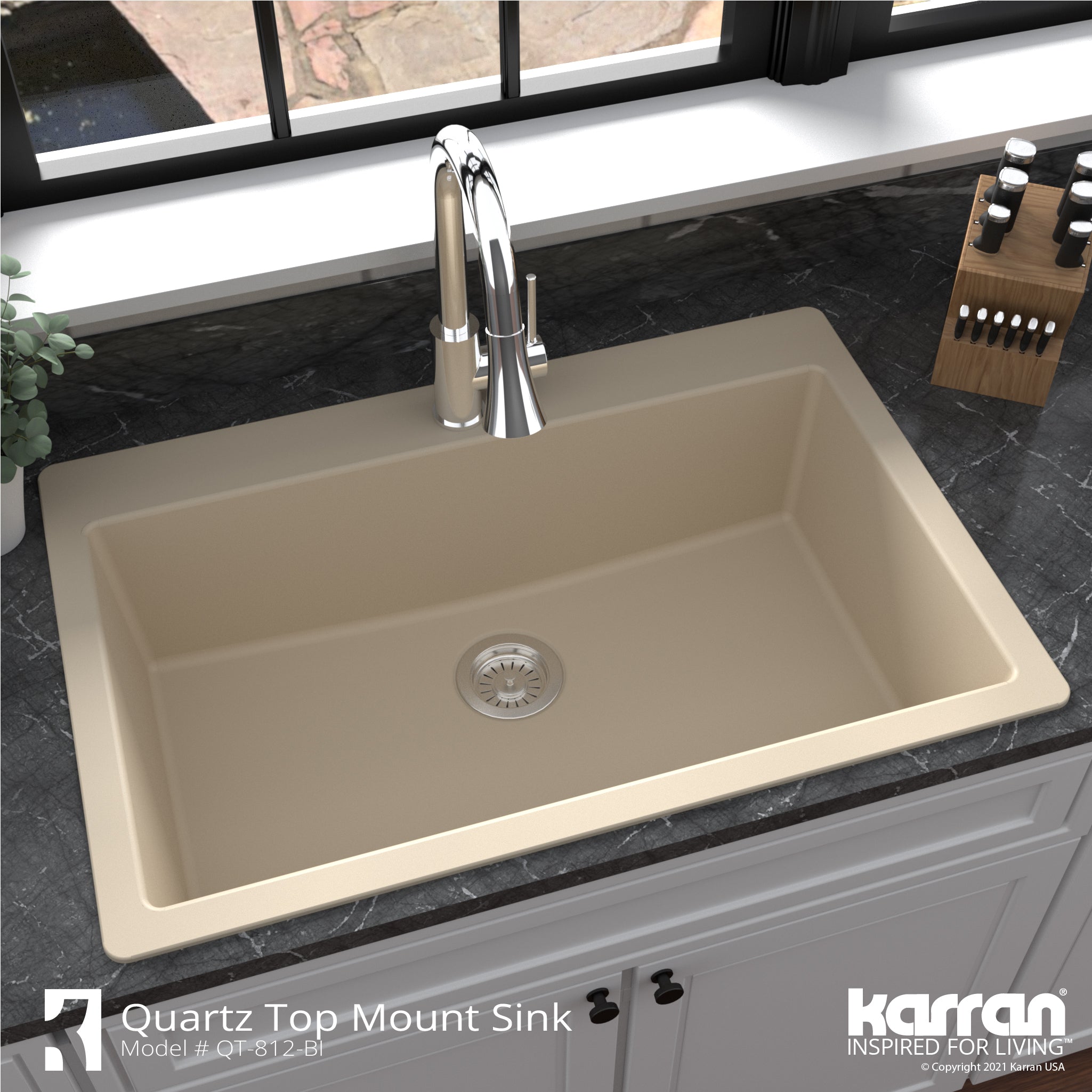 Alternate Image for Karran 33" Drop In/Topmount Quartz Composite Kitchen Sink with Accessories, Bisque, QT-812-BI-PK1