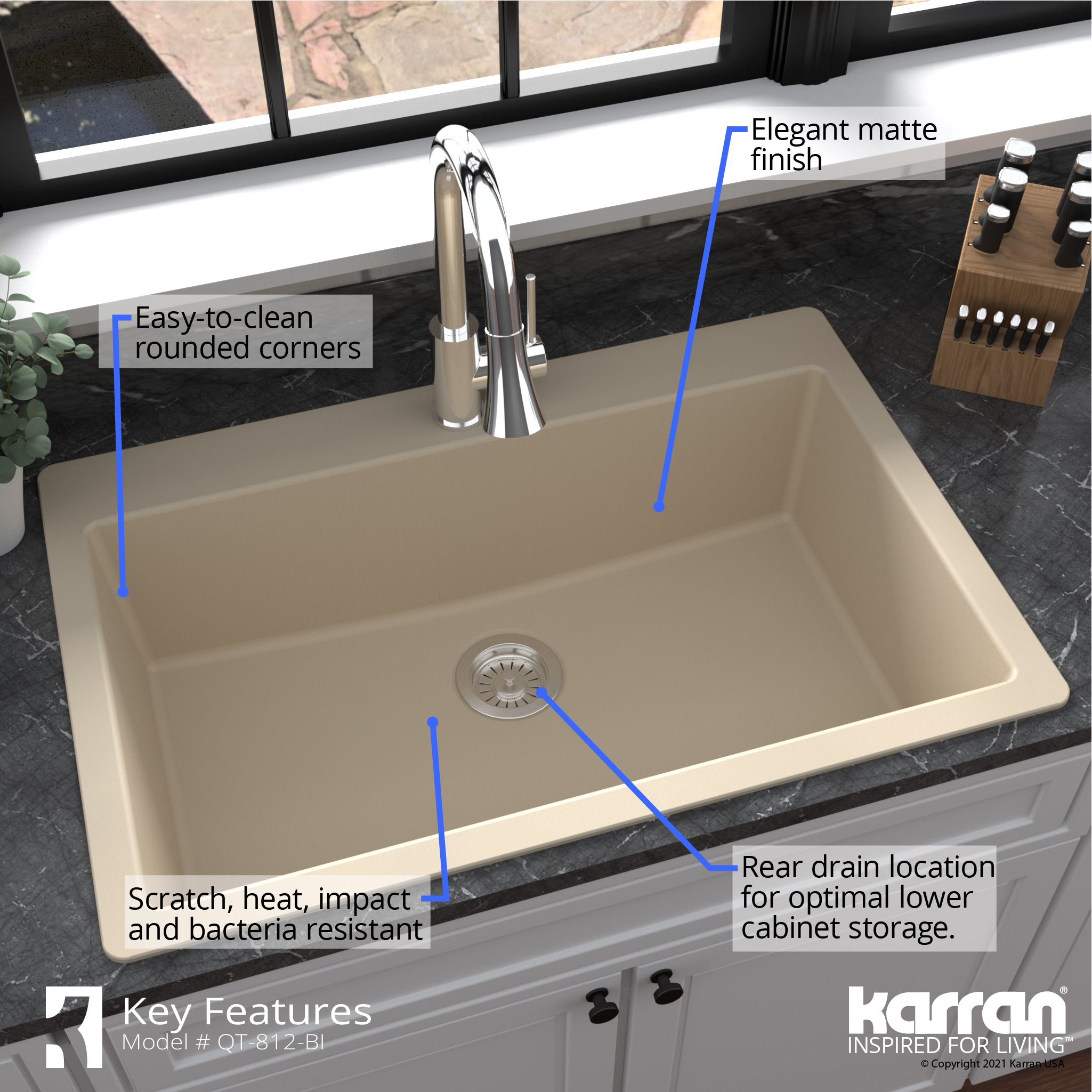 Alternate Image for Karran 33" Drop In/Topmount Quartz Composite Kitchen Sink, Bisque, QT-812-BI