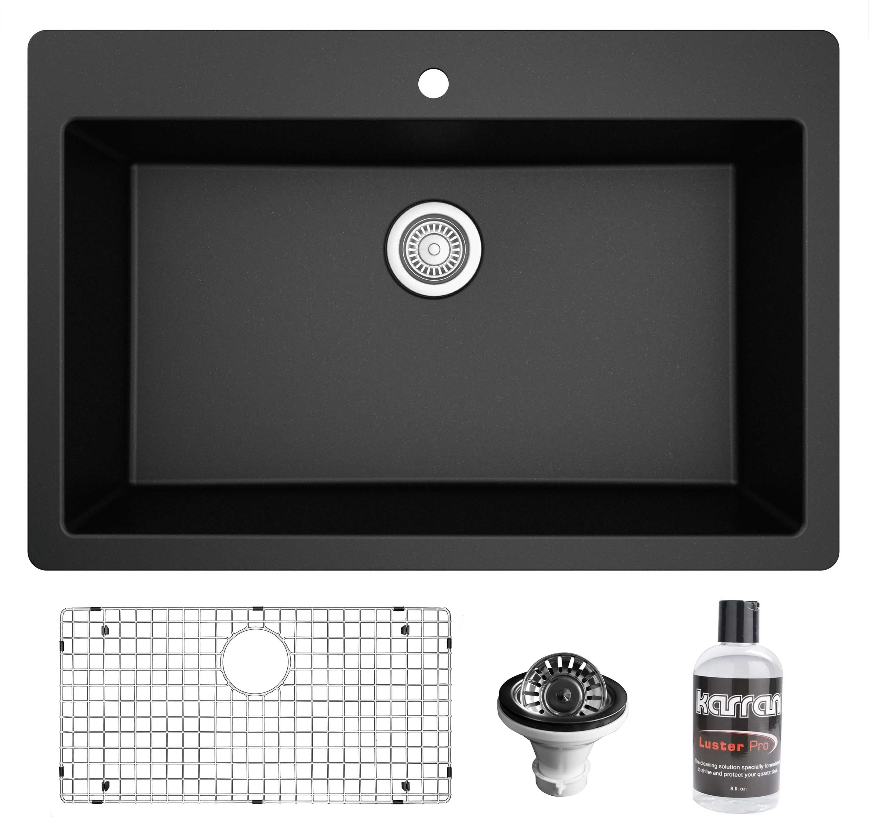 Karran 33" Drop In/Topmount Quartz Composite Kitchen Sink with Accessories, Black, QT-812-BL-PK1