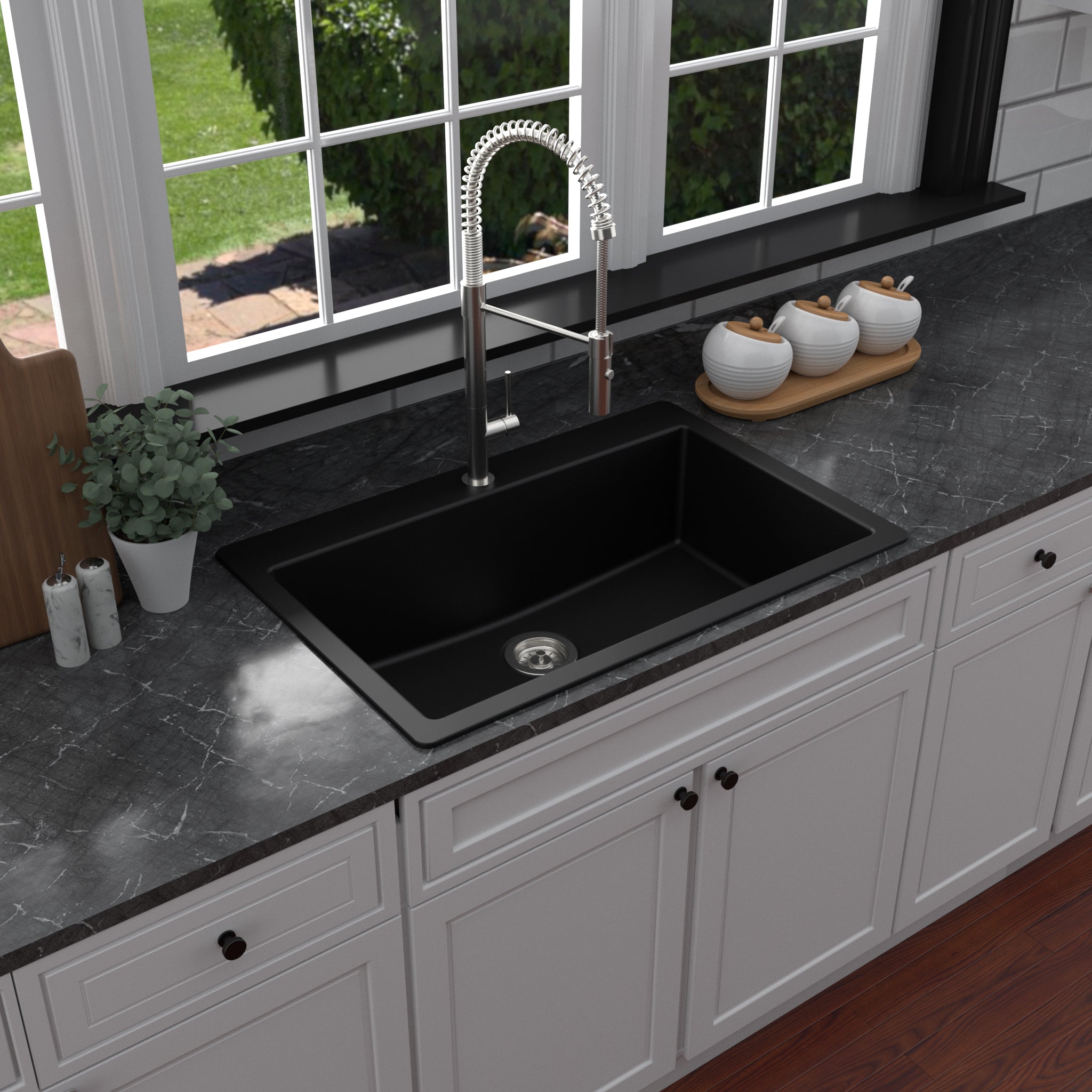 Karran 33" Drop In/Topmount Quartz Composite Kitchen Sink with Accessories, Black, QT-812-BL-PK1