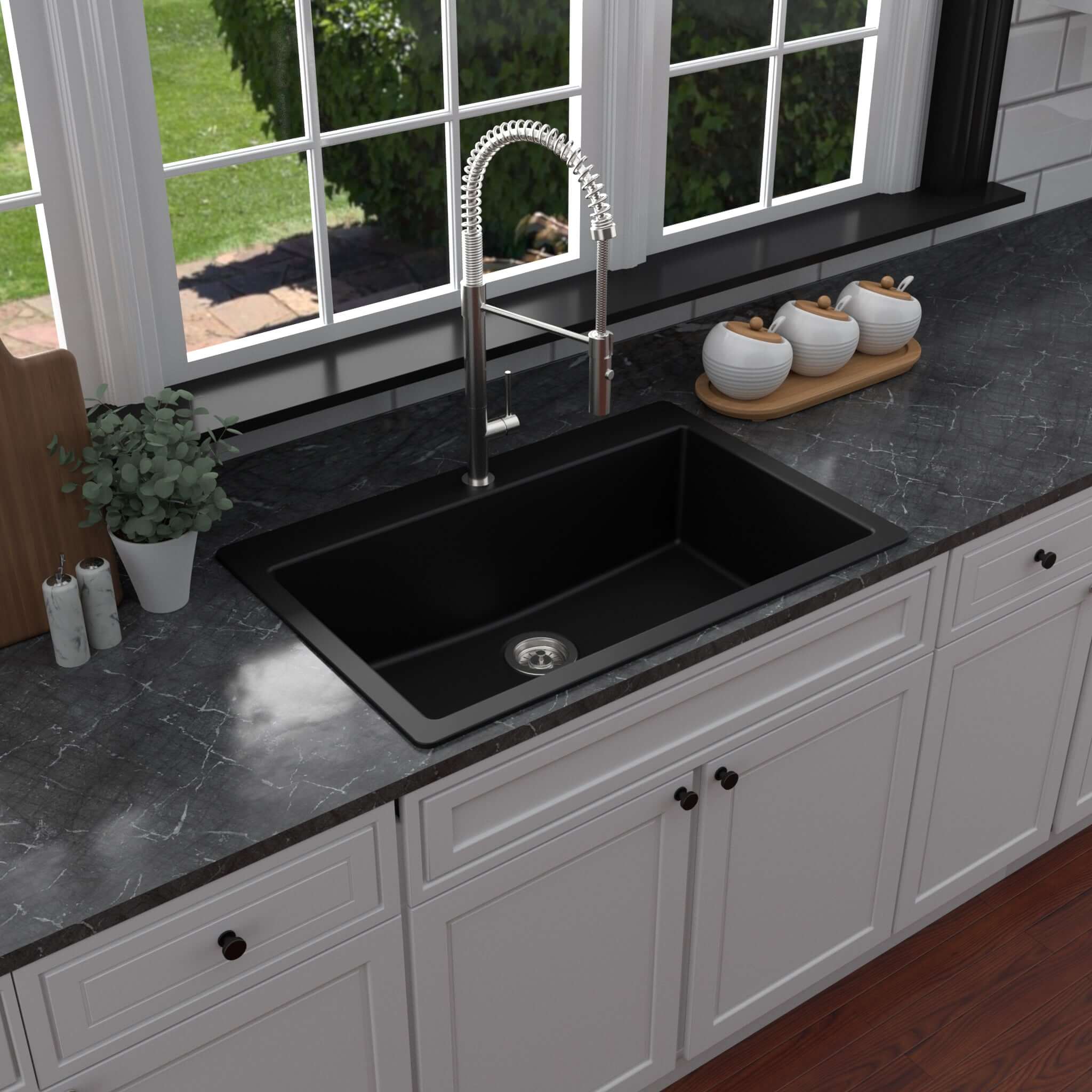 Alternate Image for Karran 33" Drop In/Topmount Quartz Composite Kitchen Sink, Black, QT-812-BL