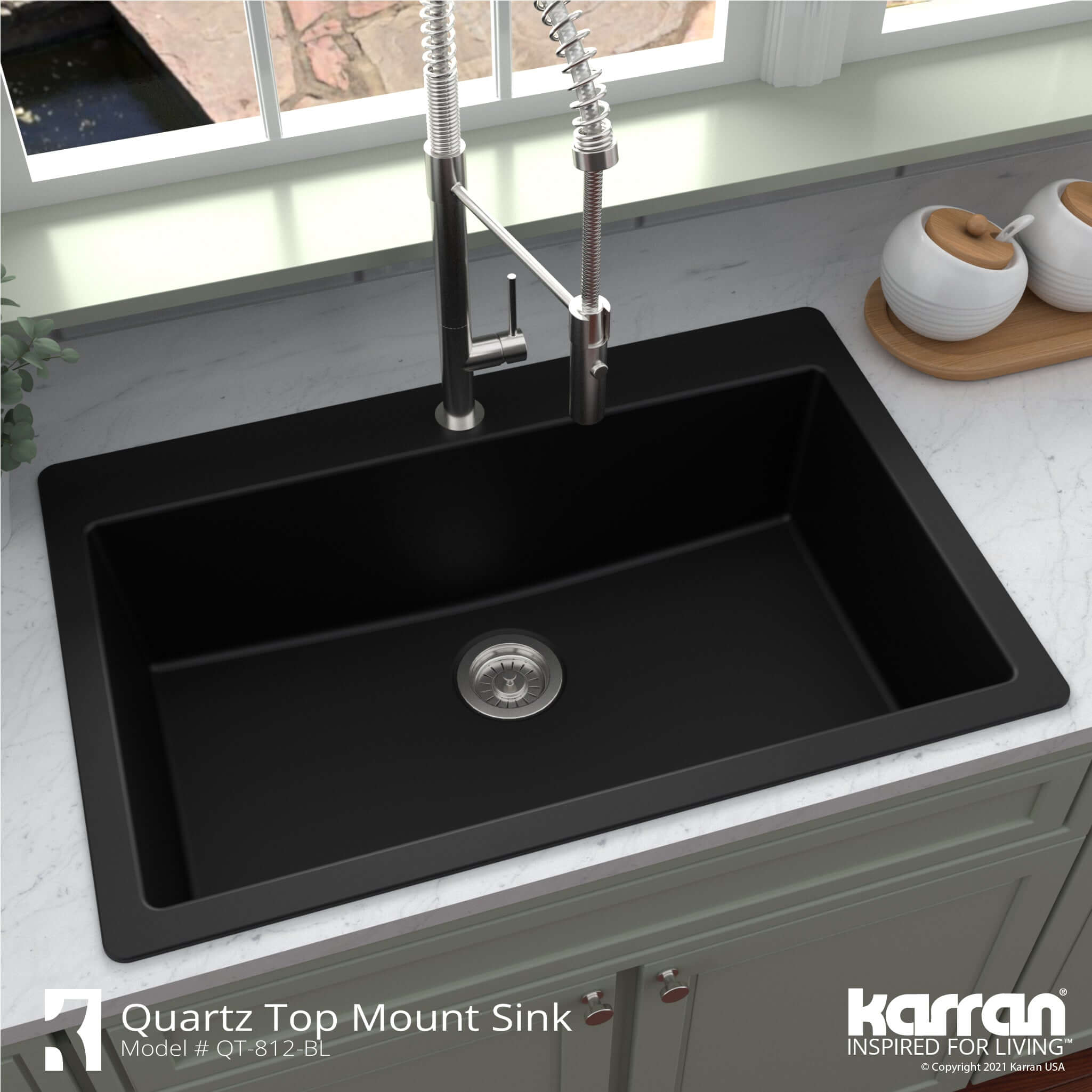 Alternate Image for Karran 33" Drop In/Topmount Quartz Composite Kitchen Sink, Black, QT-812-BL