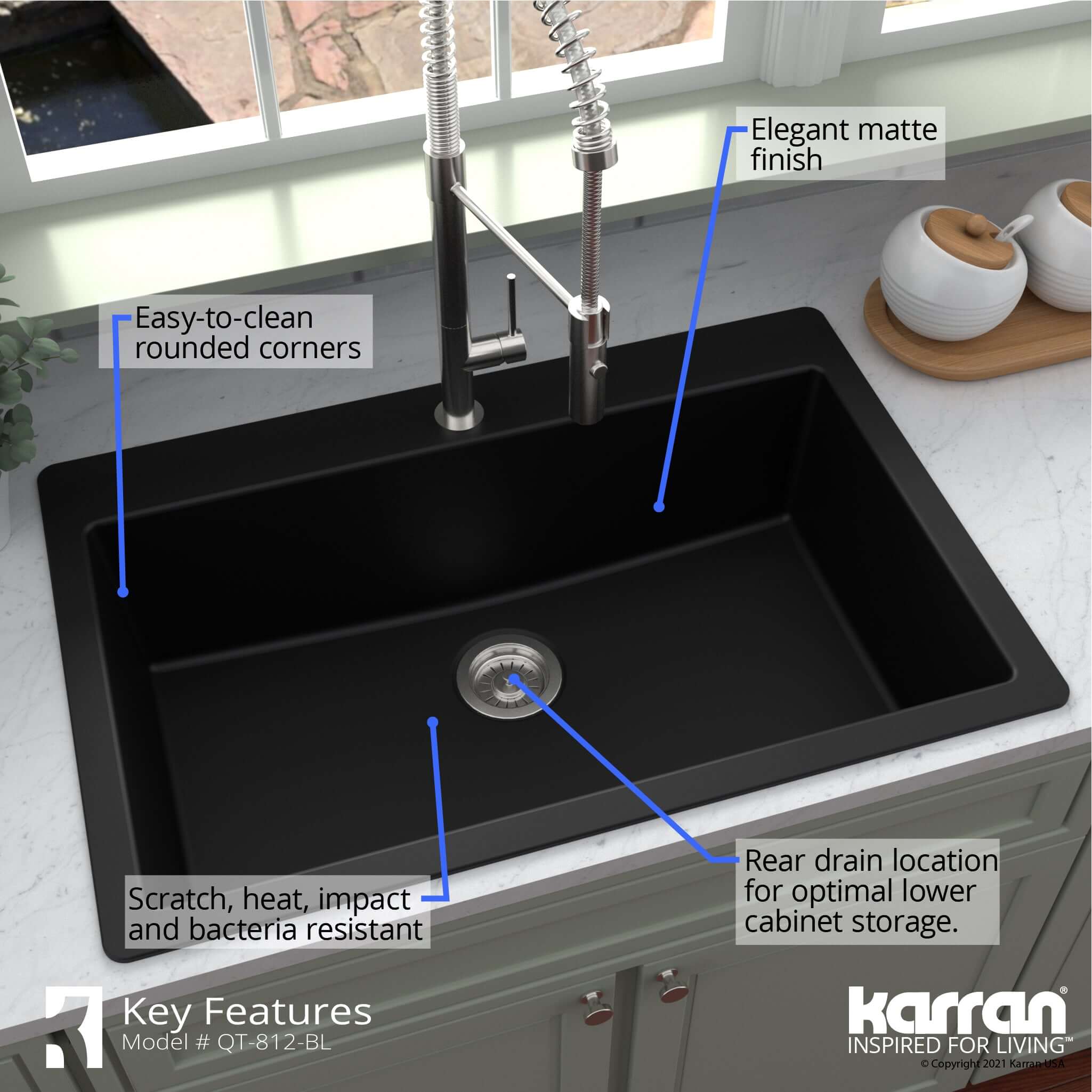 Alternate Image for Karran 33" Drop In/Topmount Quartz Composite Kitchen Sink, Black, QT-812-BL