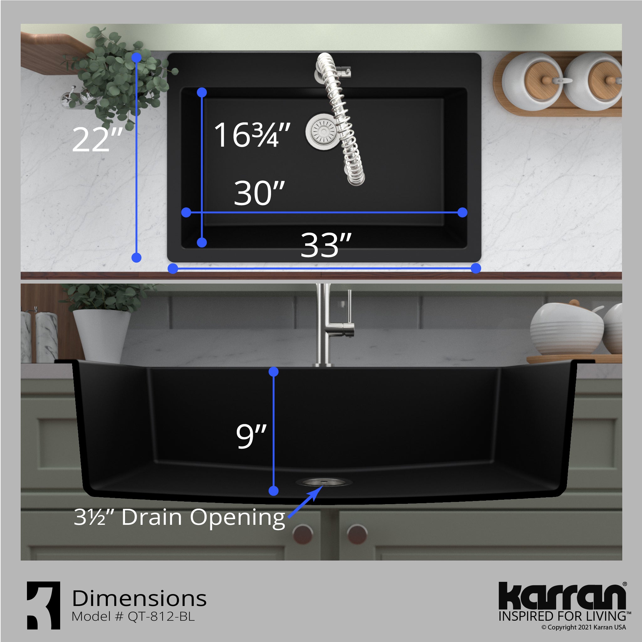 Alternate Image for Karran 33" Drop In/Topmount Quartz Composite Kitchen Sink with Accessories, Black, QT-812-BL-PK1