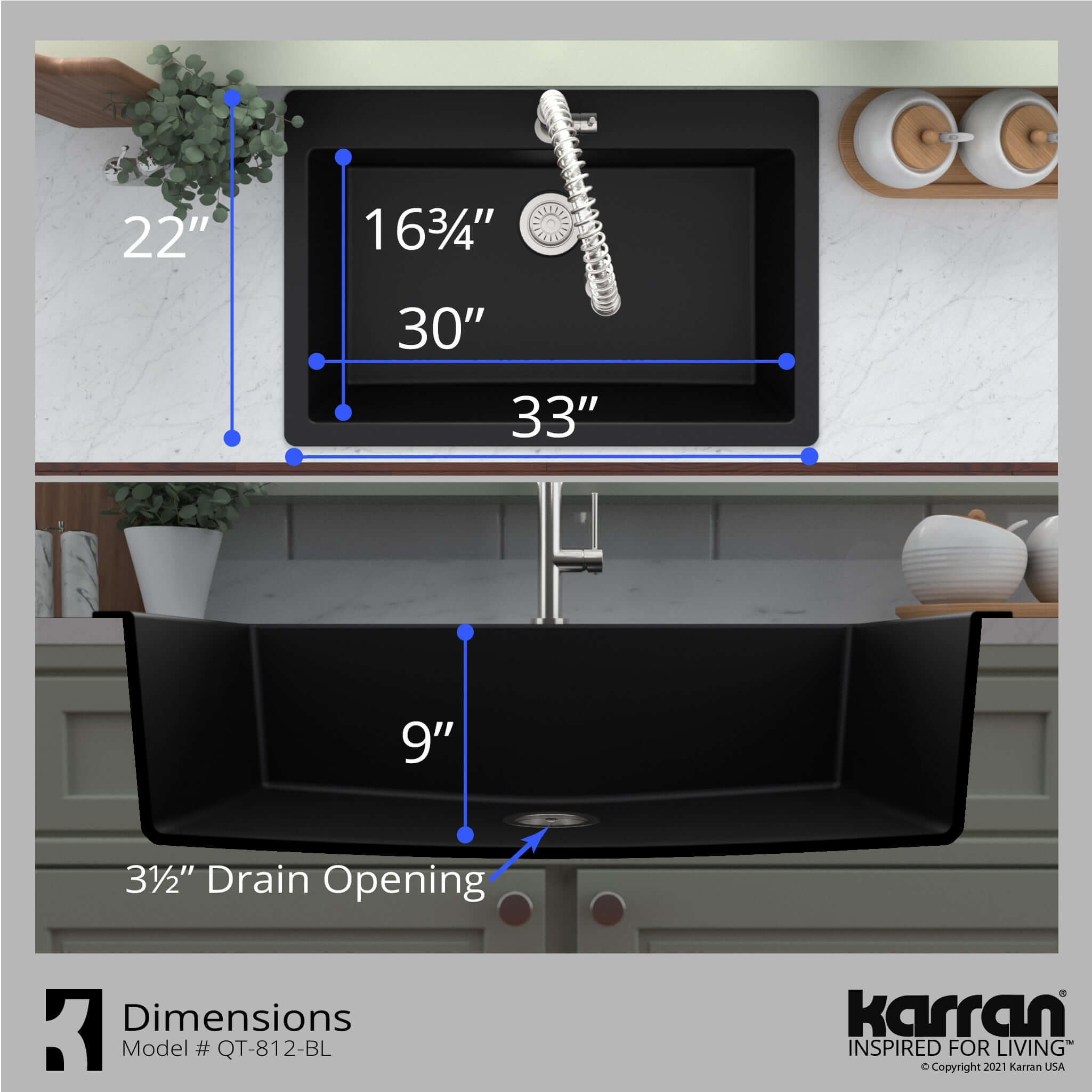 Alternate Image for Karran 33" Drop In/Topmount Quartz Composite Kitchen Sink, Black, QT-812-BL