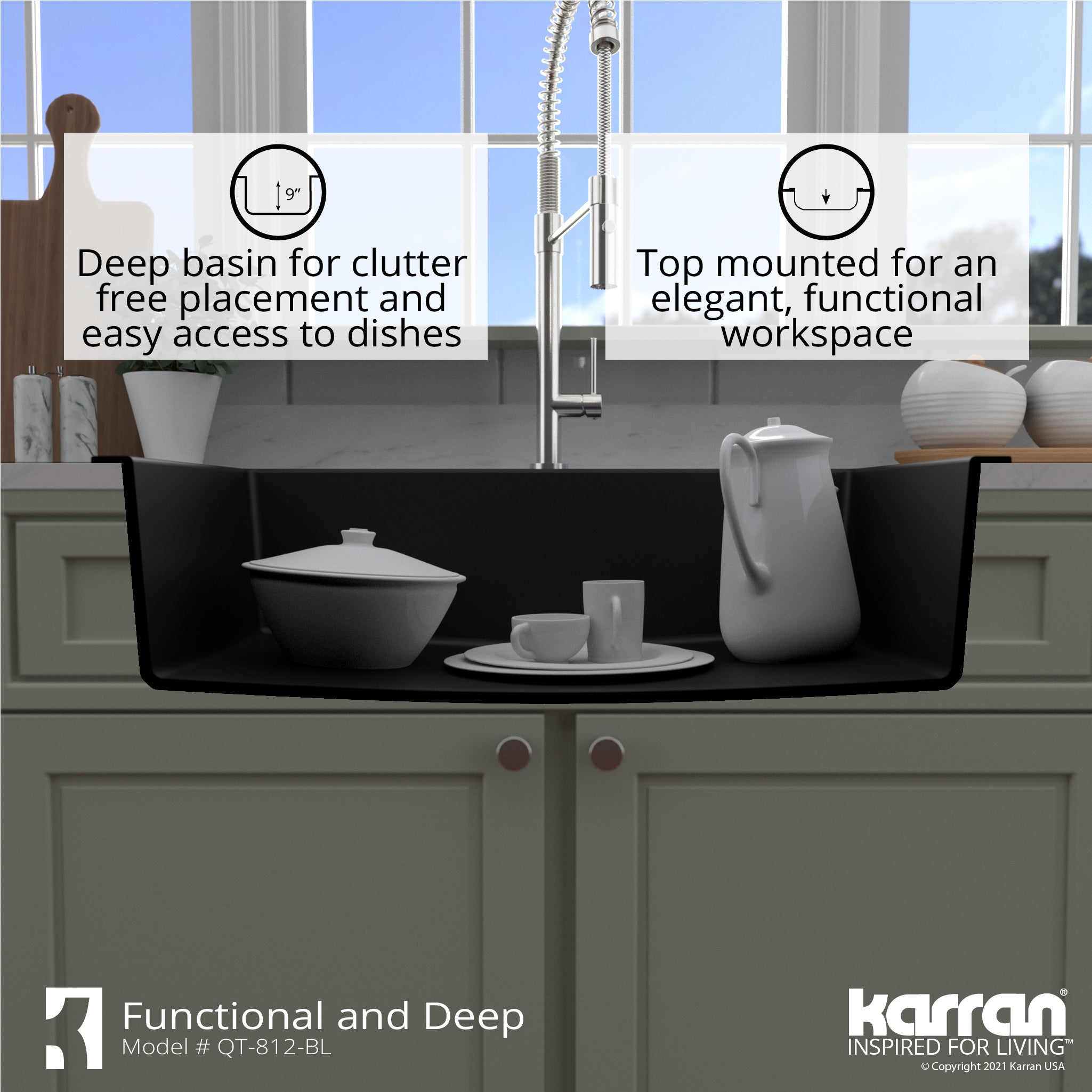 Alternate Image for Karran 33" Drop In/Topmount Quartz Composite Kitchen Sink with Accessories, Black, QT-812-BL-PK1