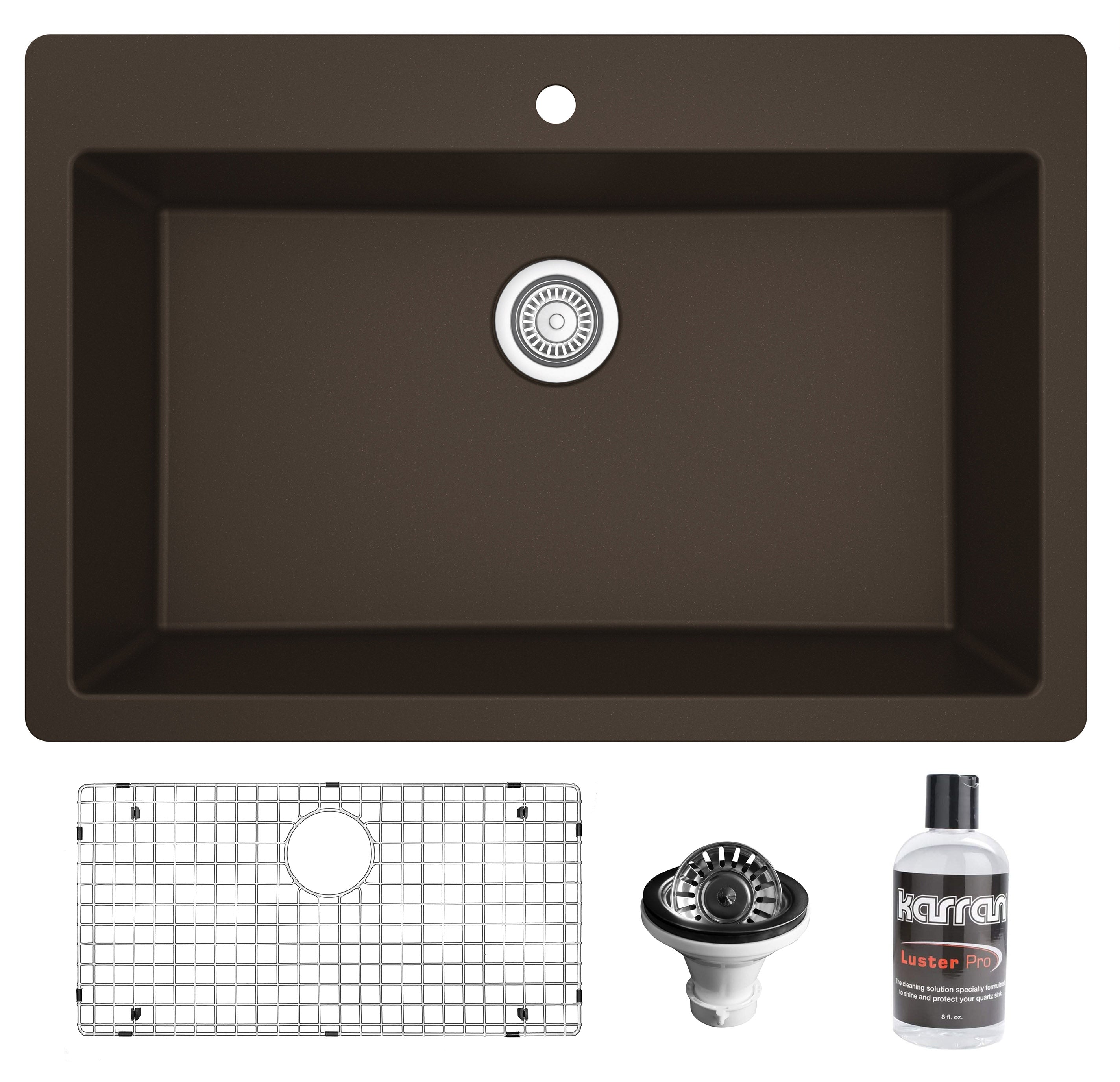 Karran 33" Drop In/Topmount Quartz Composite Kitchen Sink with Accessories, Brown, QT-812-BR-PK1
