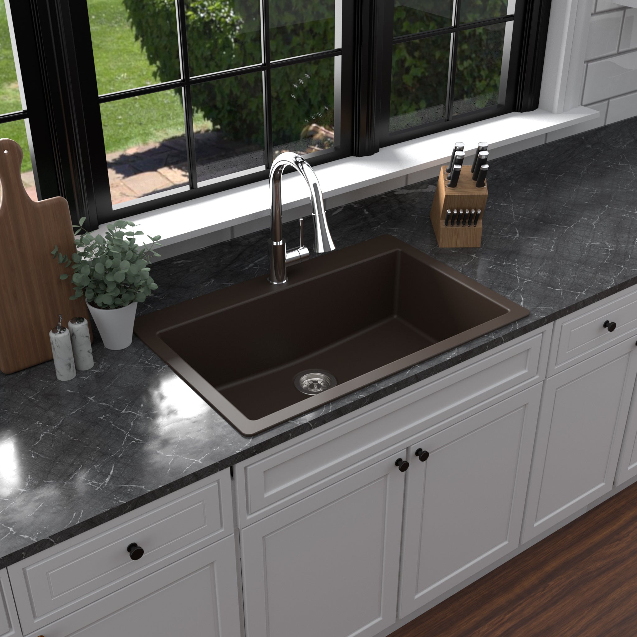 Karran 33" Drop In/Topmount Quartz Composite Kitchen Sink with Accessories, Brown, QT-812-BR-PK1