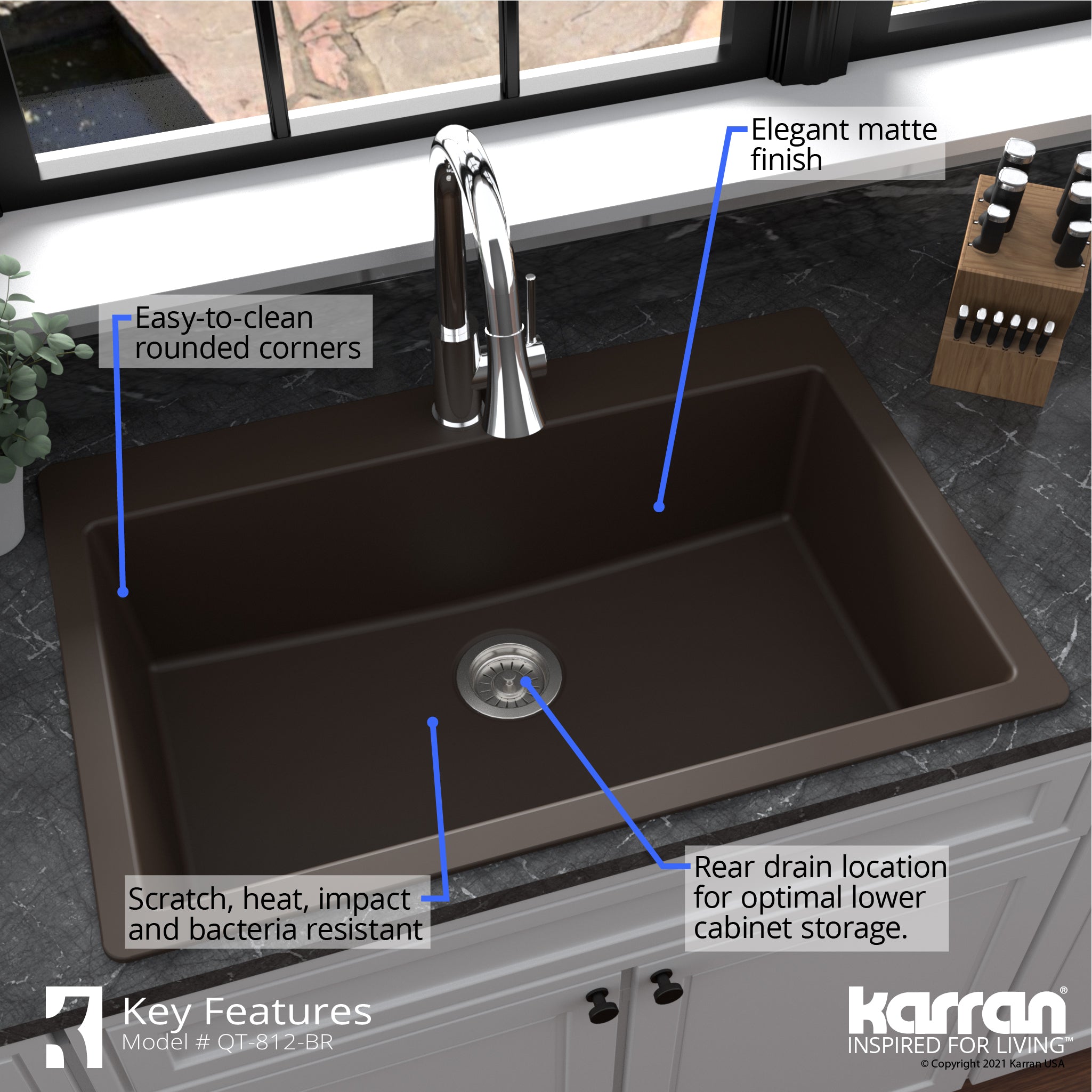 Alternate Image for Karran 33" Drop In/Topmount Quartz Composite Kitchen Sink with Accessories, Brown, QT-812-BR-PK1