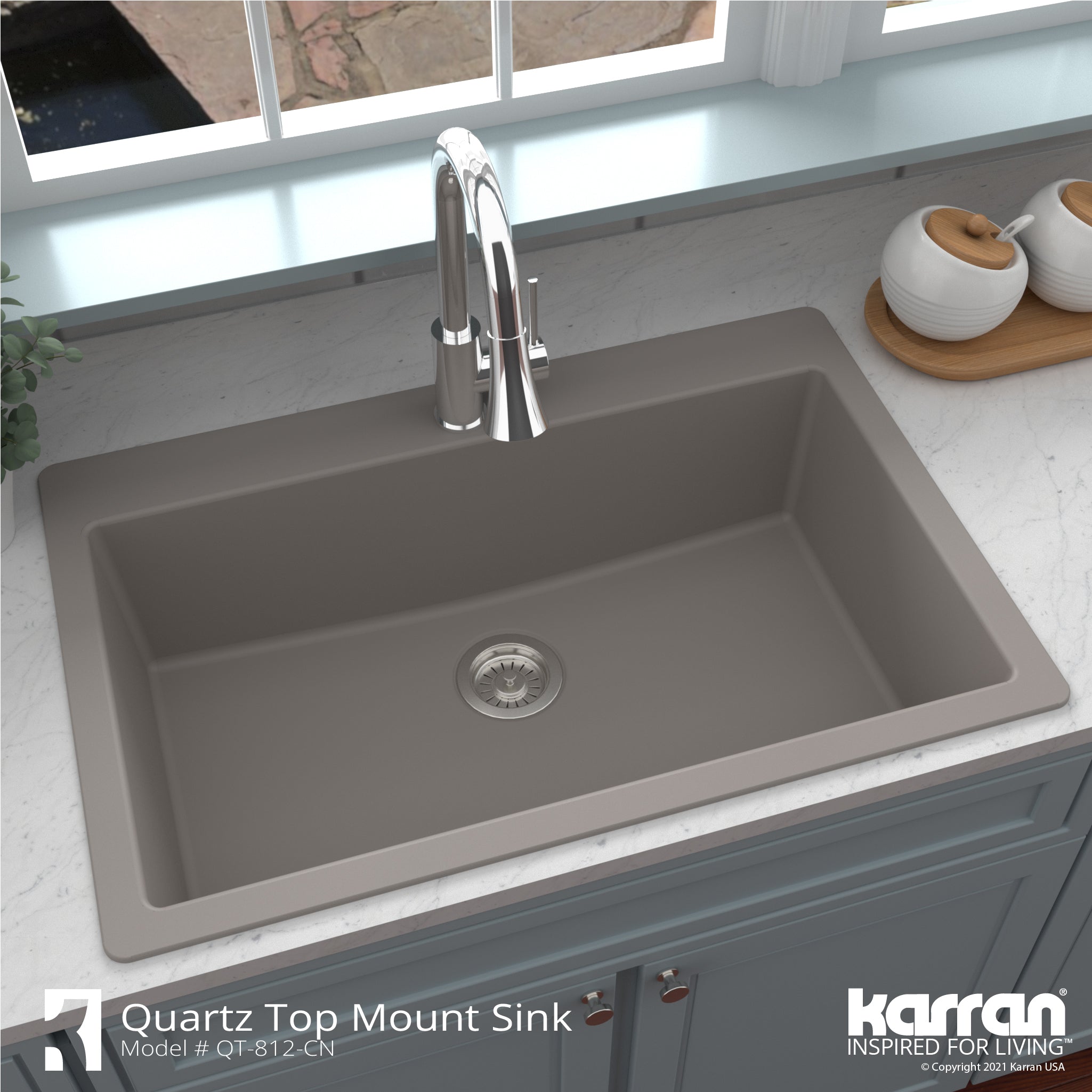 Alternate Image for Karran 33" Drop In/Topmount Quartz Composite Kitchen Sink with Accessories, Concrete, QT-812-CN-PK1