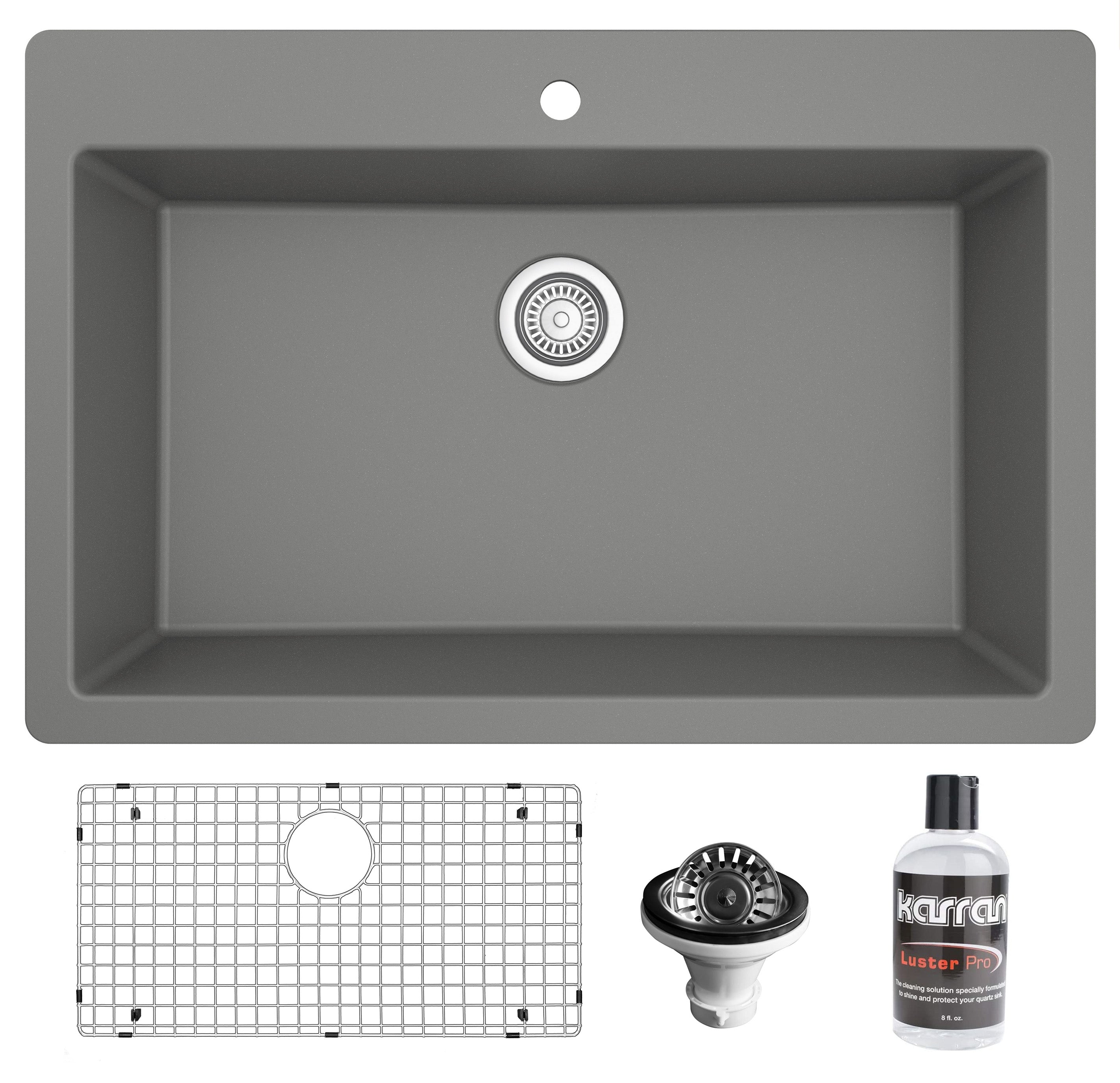 Karran 33" Drop In/Topmount Quartz Composite Kitchen Sink with Accessories, Grey, QT-812-GR-PK1