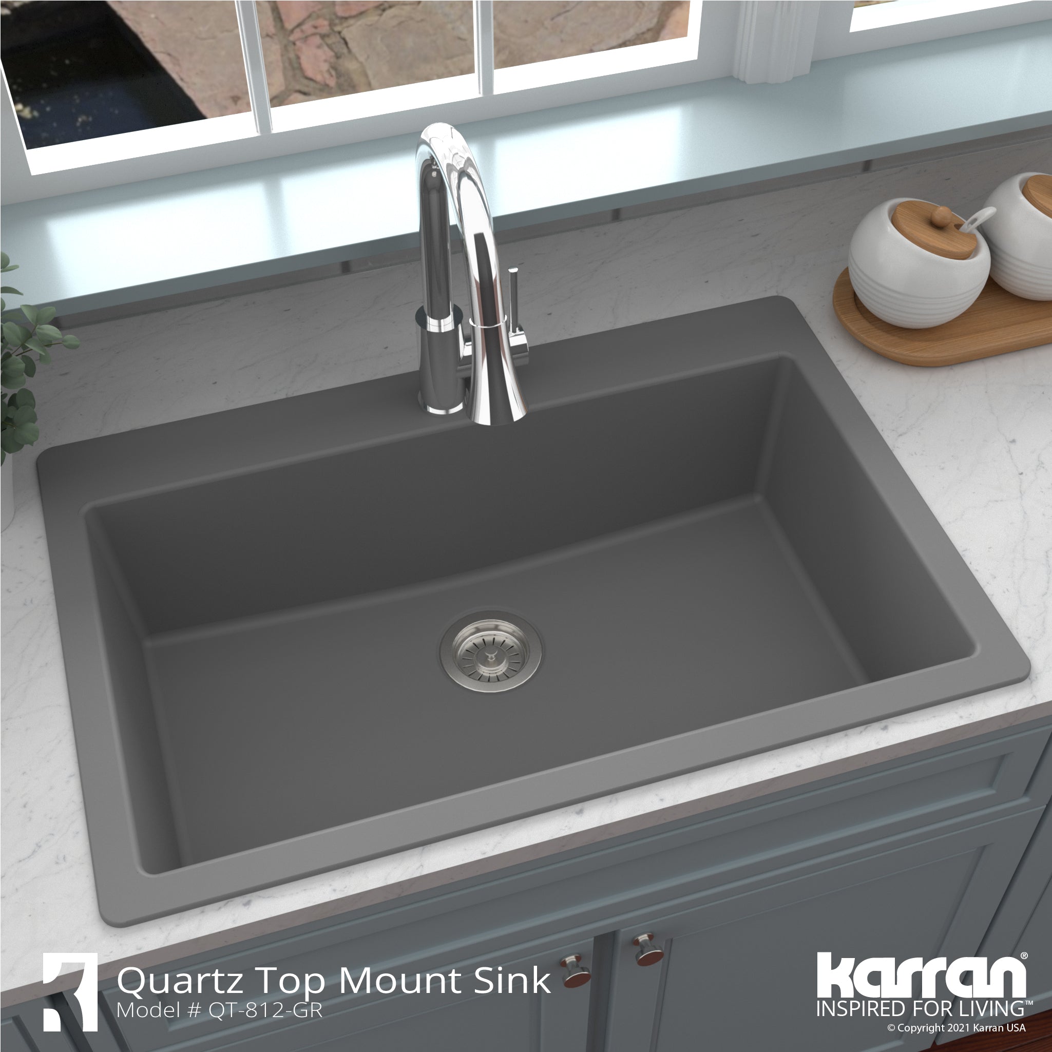 Alternate Image for Karran 33" Drop In/Topmount Quartz Composite Kitchen Sink with Accessories, Grey, QT-812-GR-PK1