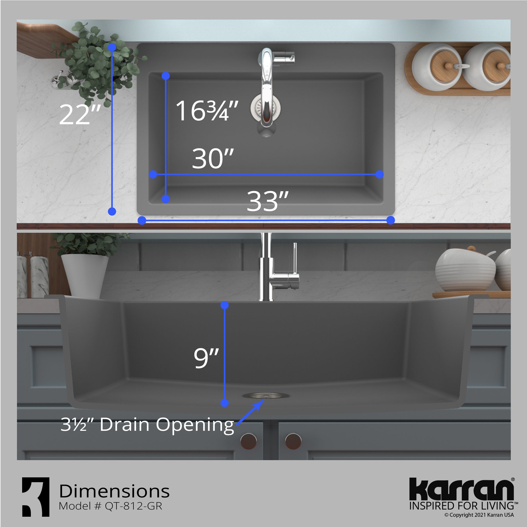 Alternate Image for Karran 33" Drop In/Topmount Quartz Composite Kitchen Sink with Accessories, Grey, QT-812-GR-PK1