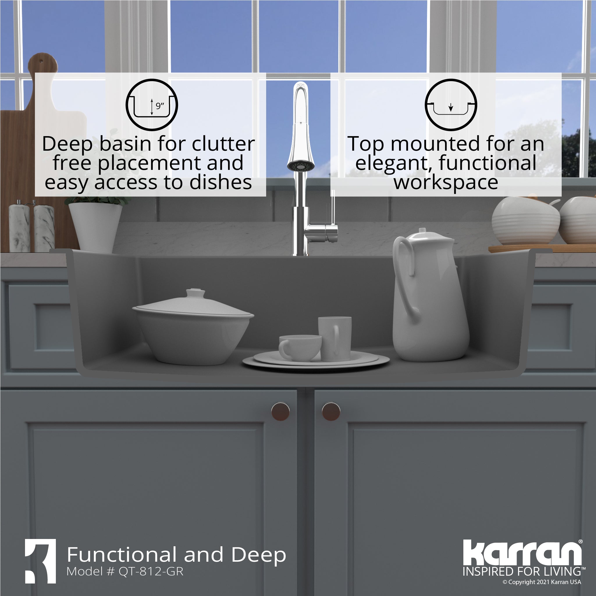 Alternate Image for Karran 33" Drop In/Topmount Quartz Composite Kitchen Sink with Accessories, Grey, QT-812-GR-PK1