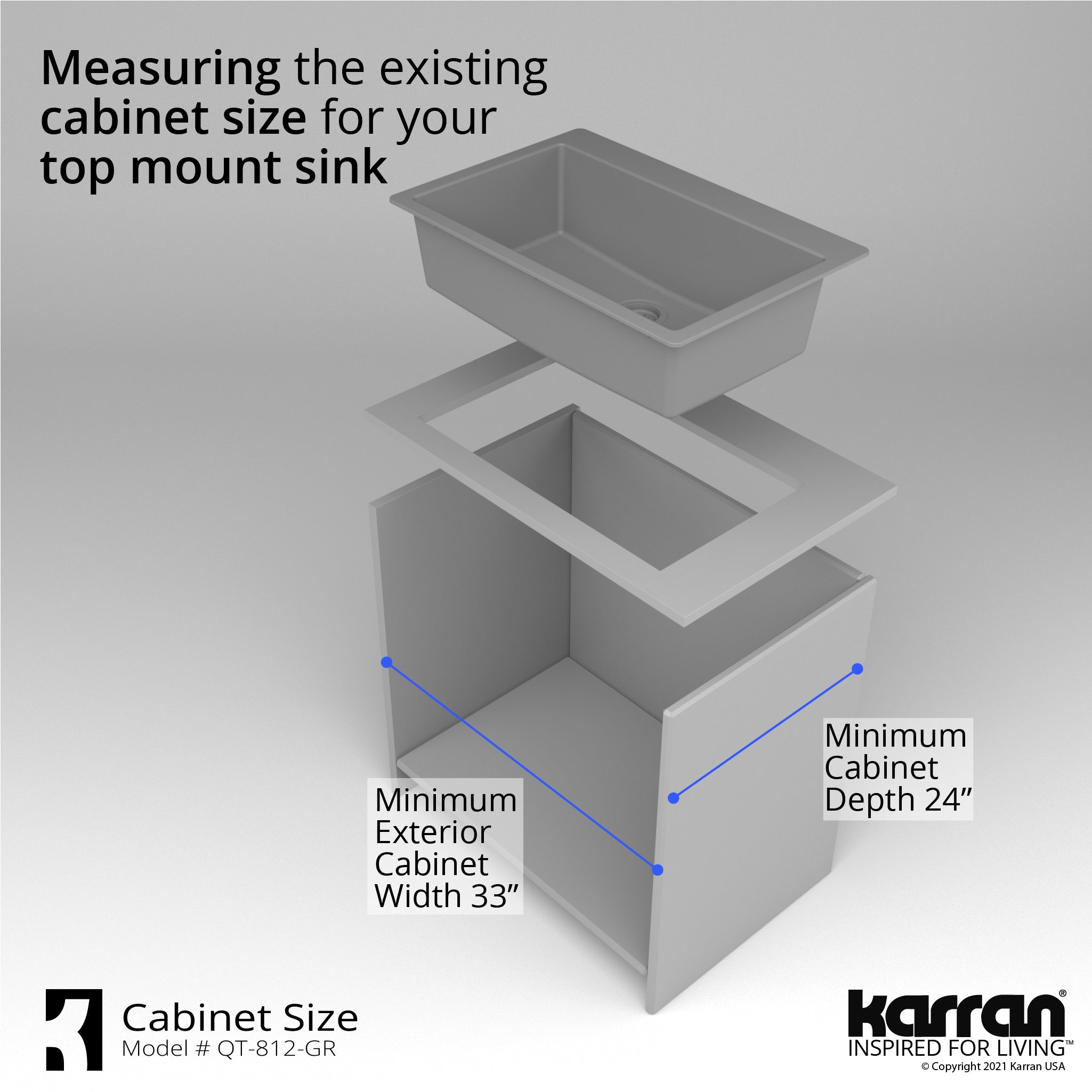 Alternate Image for Karran 33" Drop In/Topmount Quartz Composite Kitchen Sink with Accessories, Grey, QT-812-GR-PK1