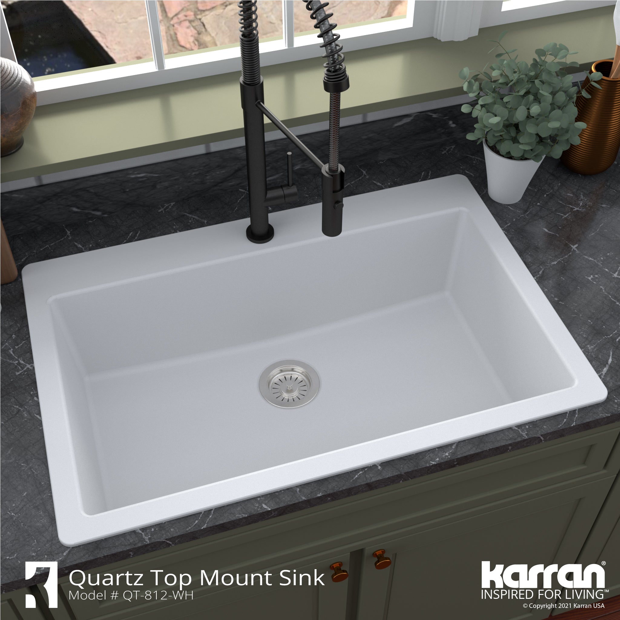 Alternate Image for Karran 33" Drop In/Topmount Quartz Composite Kitchen Sink with Accessories, White, QT-812-WH-PK1