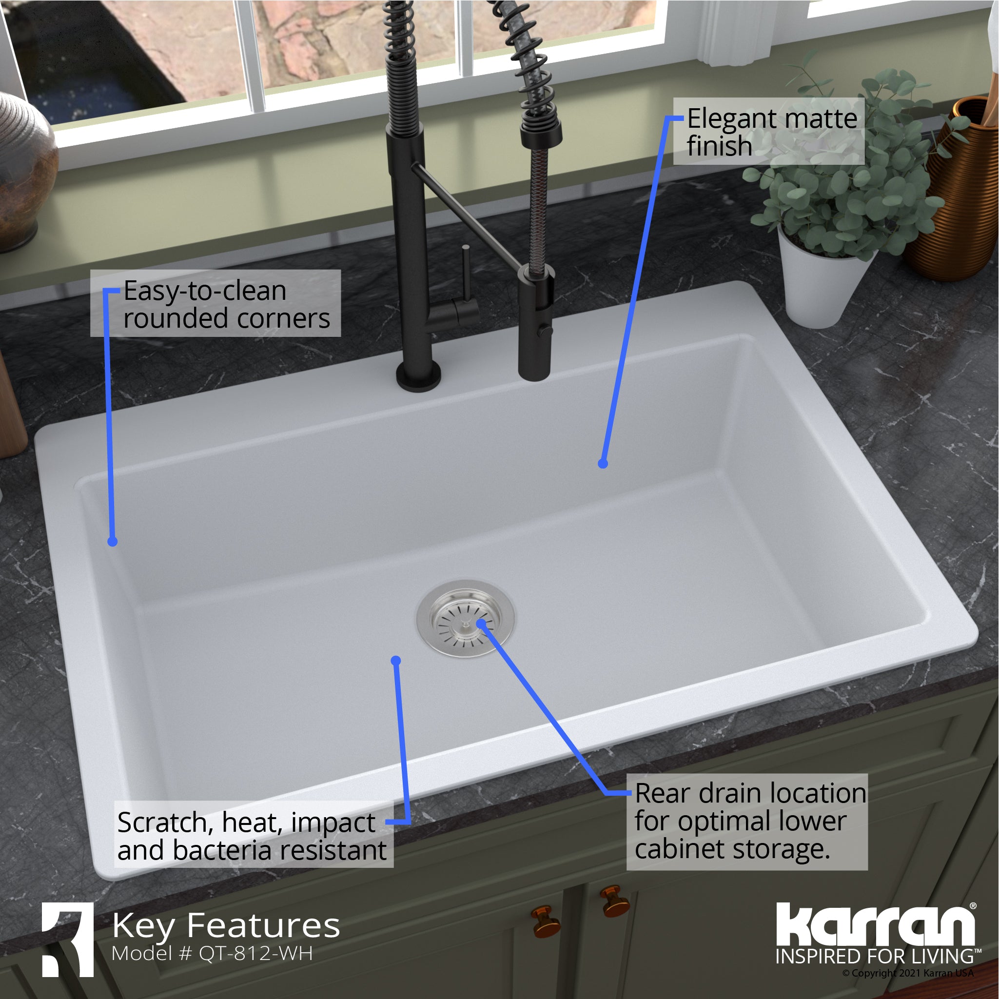 Alternate Image for Karran 33" Drop In/Topmount Quartz Composite Kitchen Sink with Accessories, White, QT-812-WH-PK1