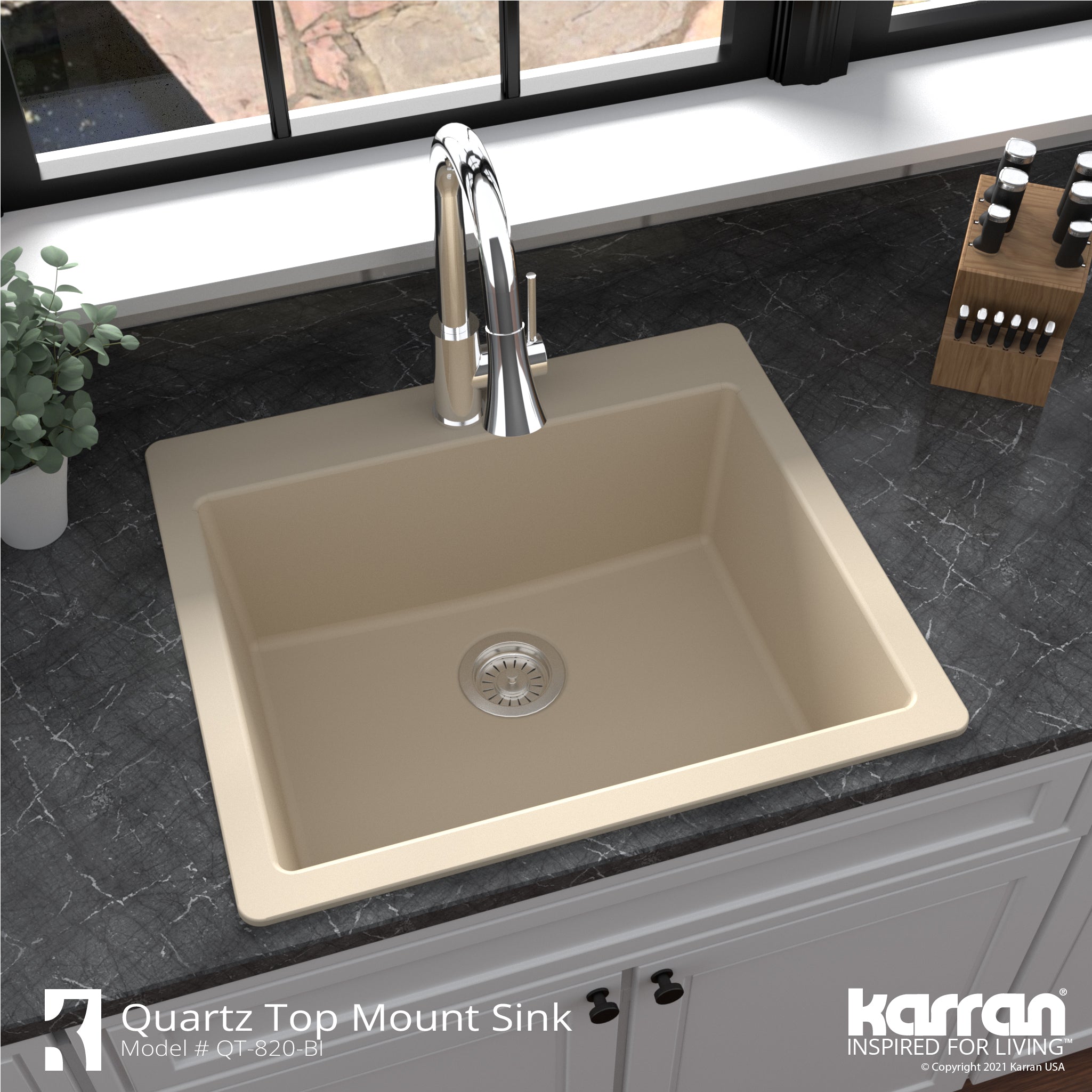 Alternate Image for Karran 25" Drop In/Topmount Quartz Composite Kitchen Sink with Accessories, Bisque, QT-820-BI-PK1