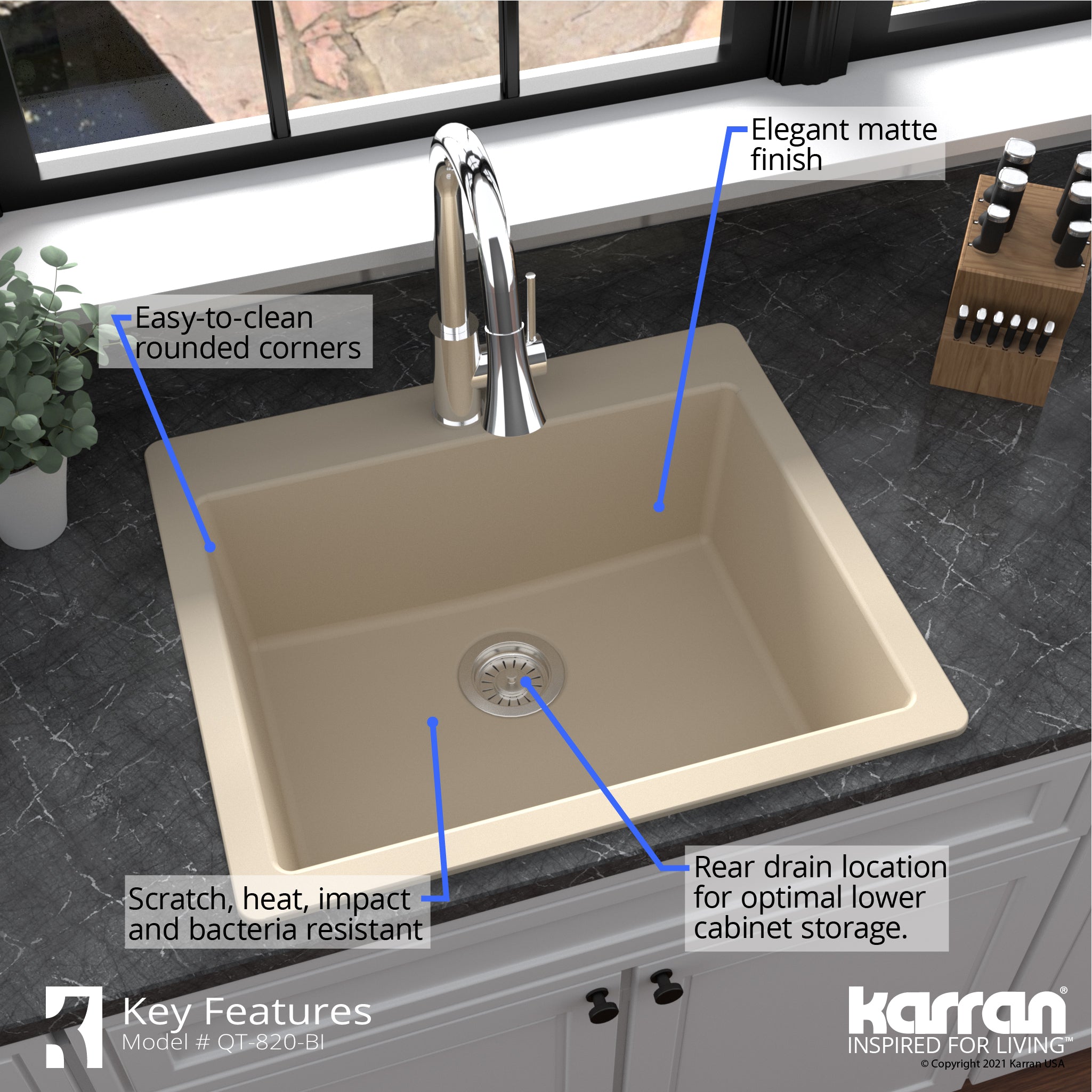 Alternate Image for Karran 25" Drop In/Topmount Quartz Composite Kitchen Sink with Accessories, Bisque, QT-820-BI-PK1