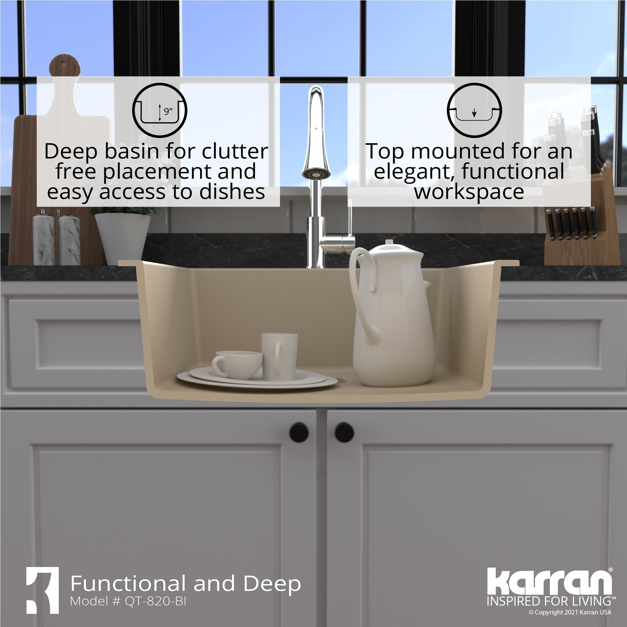 Alternate Image for Karran 25" Drop In/Topmount Quartz Composite Kitchen Sink with Accessories, Bisque, QT-820-BI-PK1