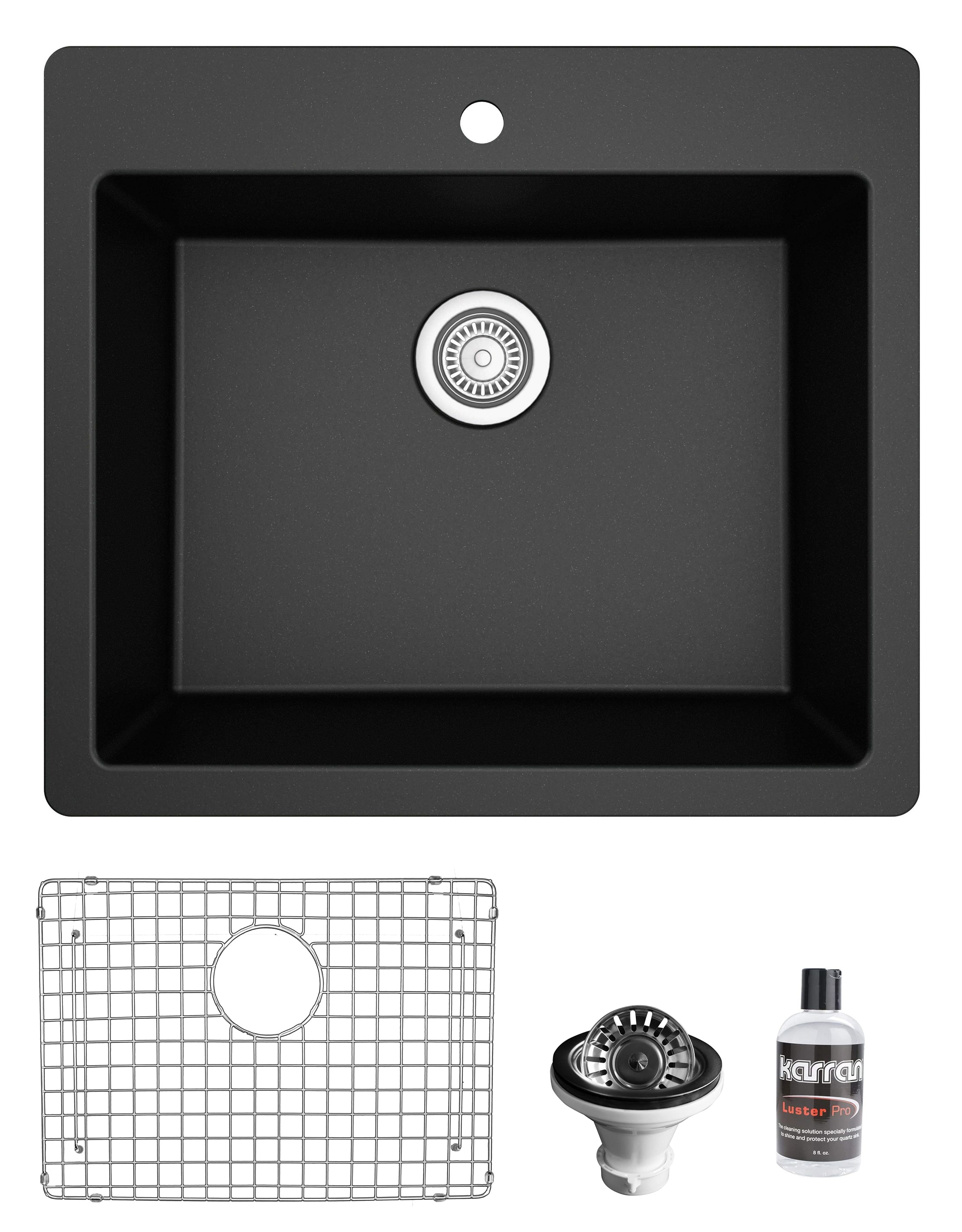 Karran 25" Drop In/Topmount Quartz Composite Kitchen Sink with Accessories, Black, QT-820-BL-PK1