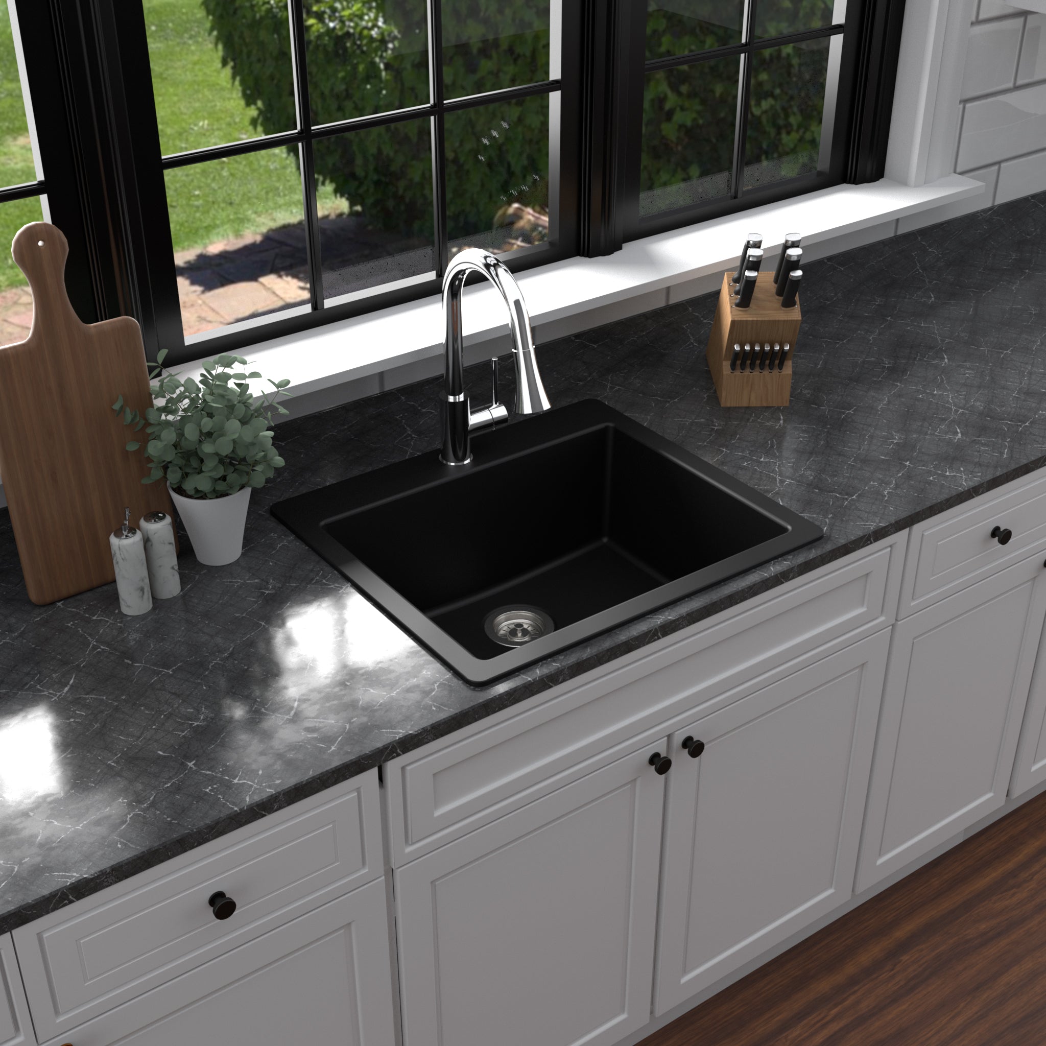 Karran 25" Drop In/Topmount Quartz Composite Kitchen Sink with Accessories, Black, QT-820-BL-PK1