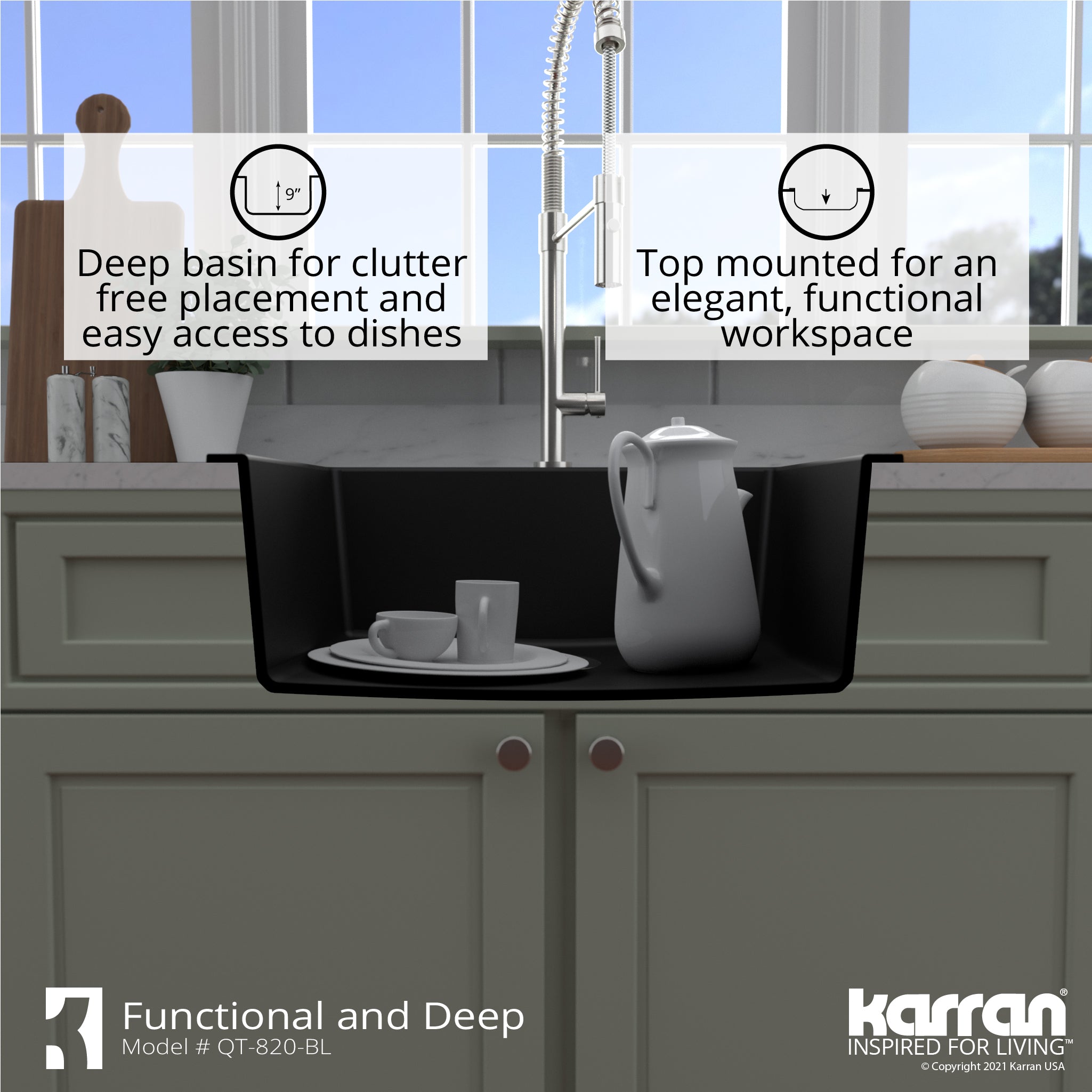 Alternate Image for Karran 25" Drop In/Topmount Quartz Composite Kitchen Sink with Accessories, Black, QT-820-BL-PK1
