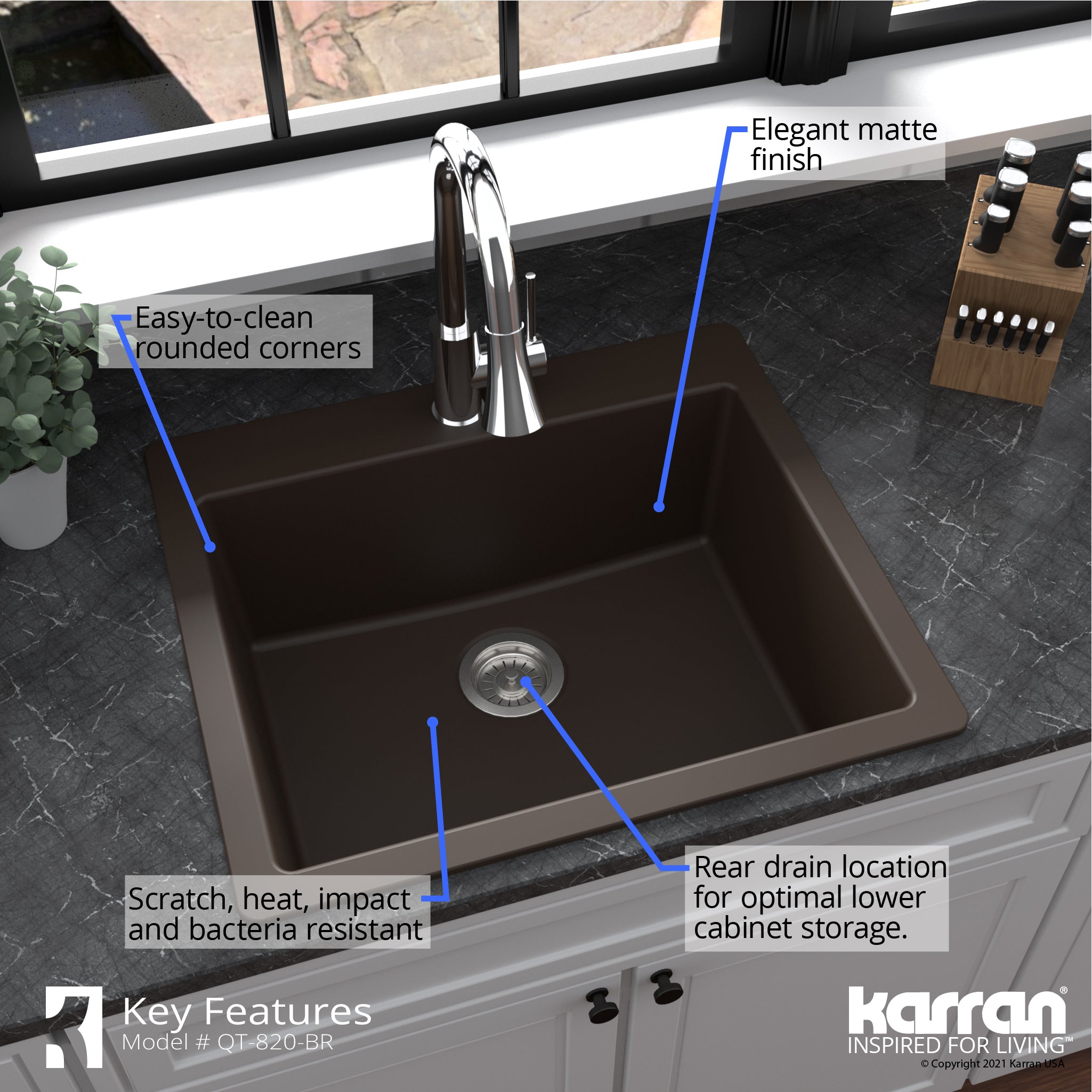 Alternate Image for Karran 25" Drop In/Topmount Quartz Composite Kitchen Sink, Brown, QT-820-BR
