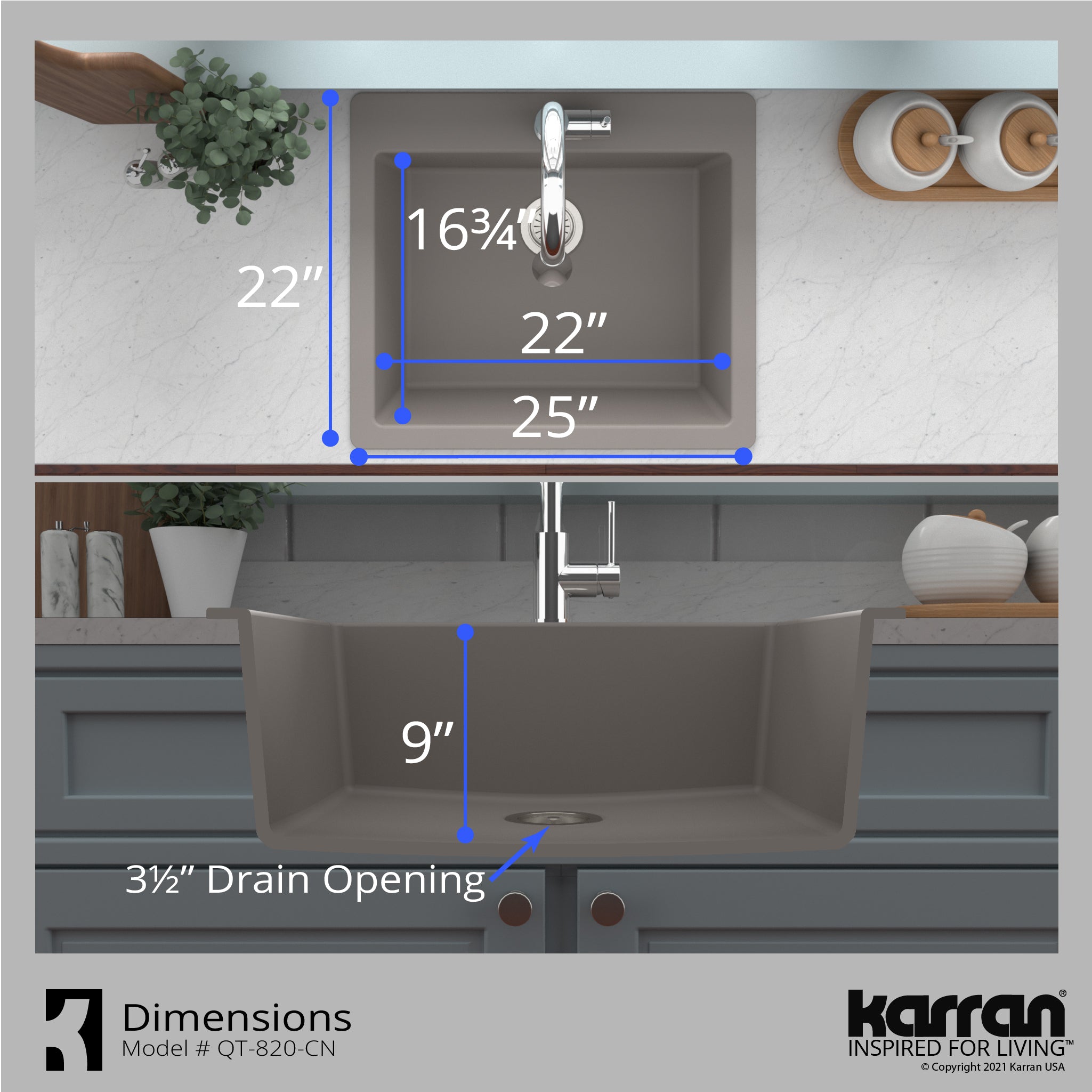 Alternate Image for Karran 25" Drop In/Topmount Quartz Composite Kitchen Sink, Concrete, QT-820-CN