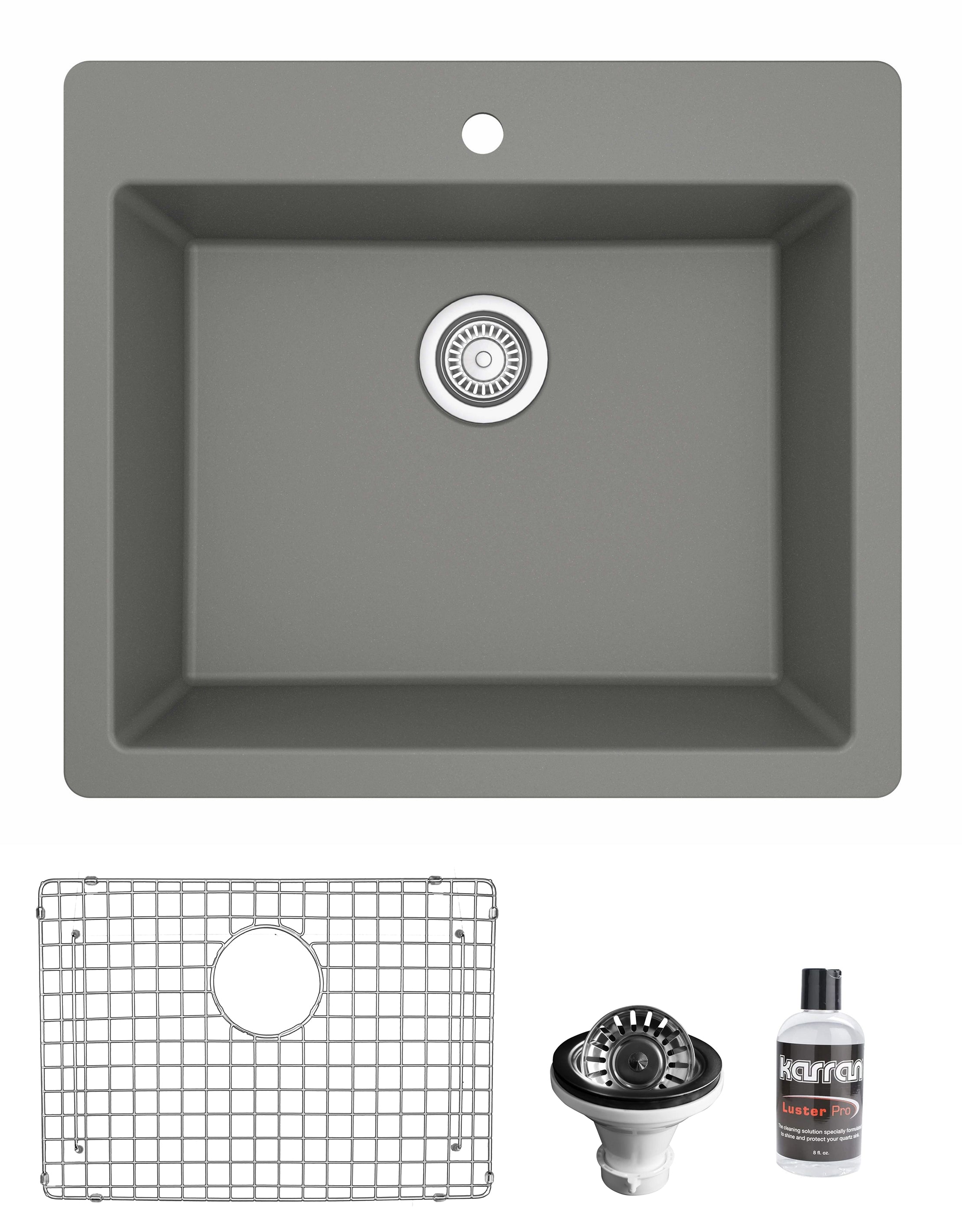 Karran 25" Drop In/Topmount Quartz Composite Kitchen Sink with Accessories, Grey, QT-820-GR-PK1