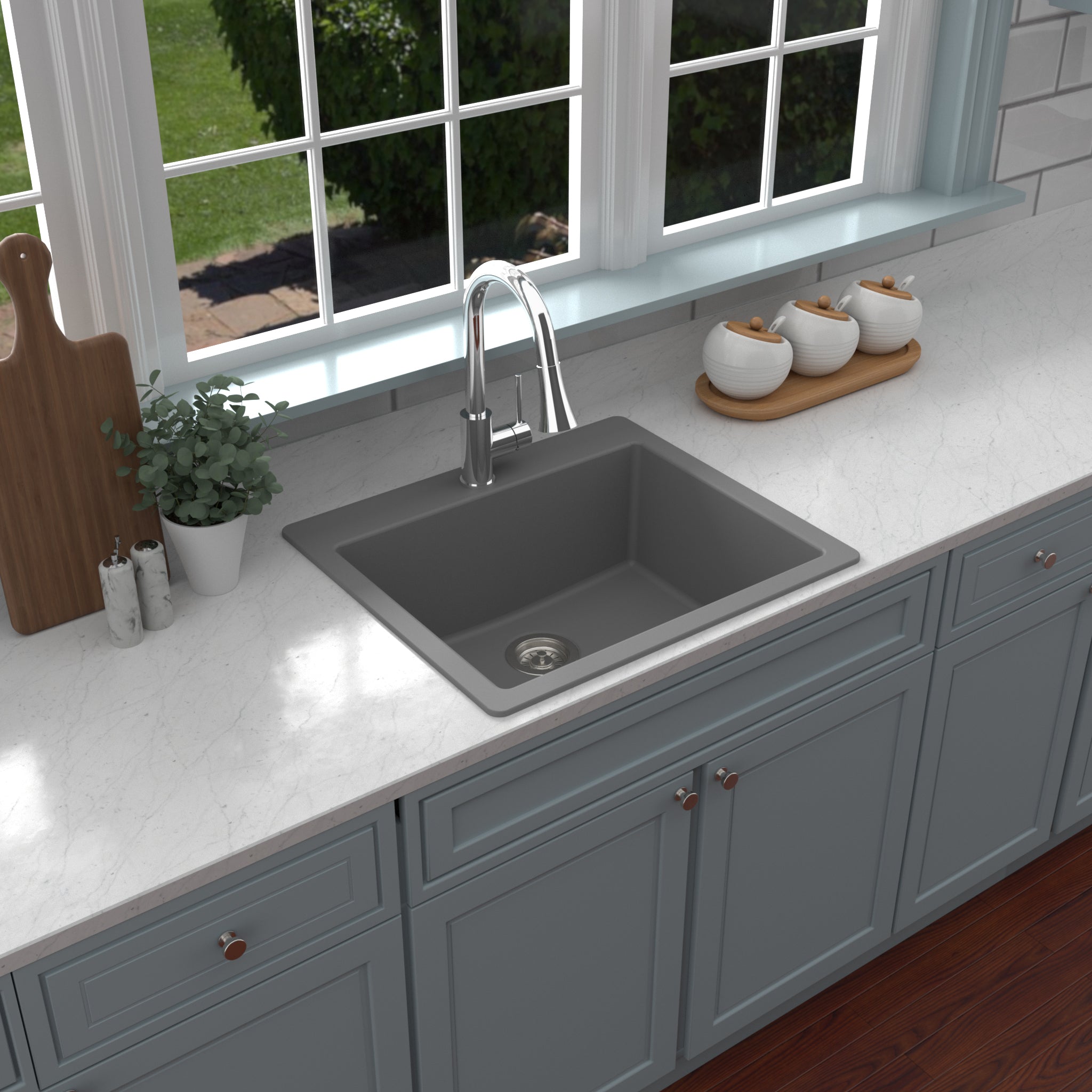 Karran 25" Drop In/Topmount Quartz Composite Kitchen Sink with Accessories, Grey, QT-820-GR-PK1