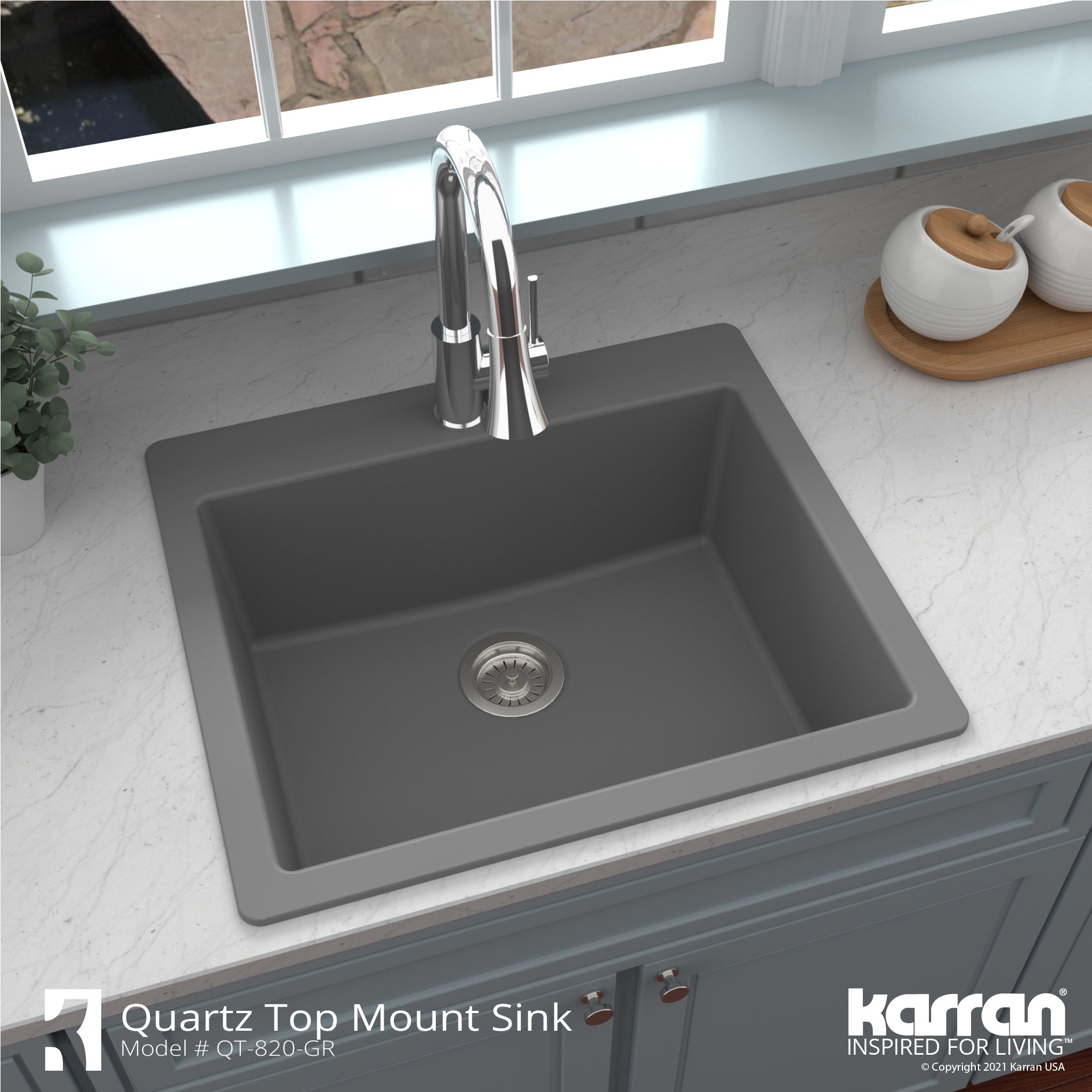 Alternate Image for Karran 25" Drop In/Topmount Quartz Composite Kitchen Sink, Grey, QT-820-GR
