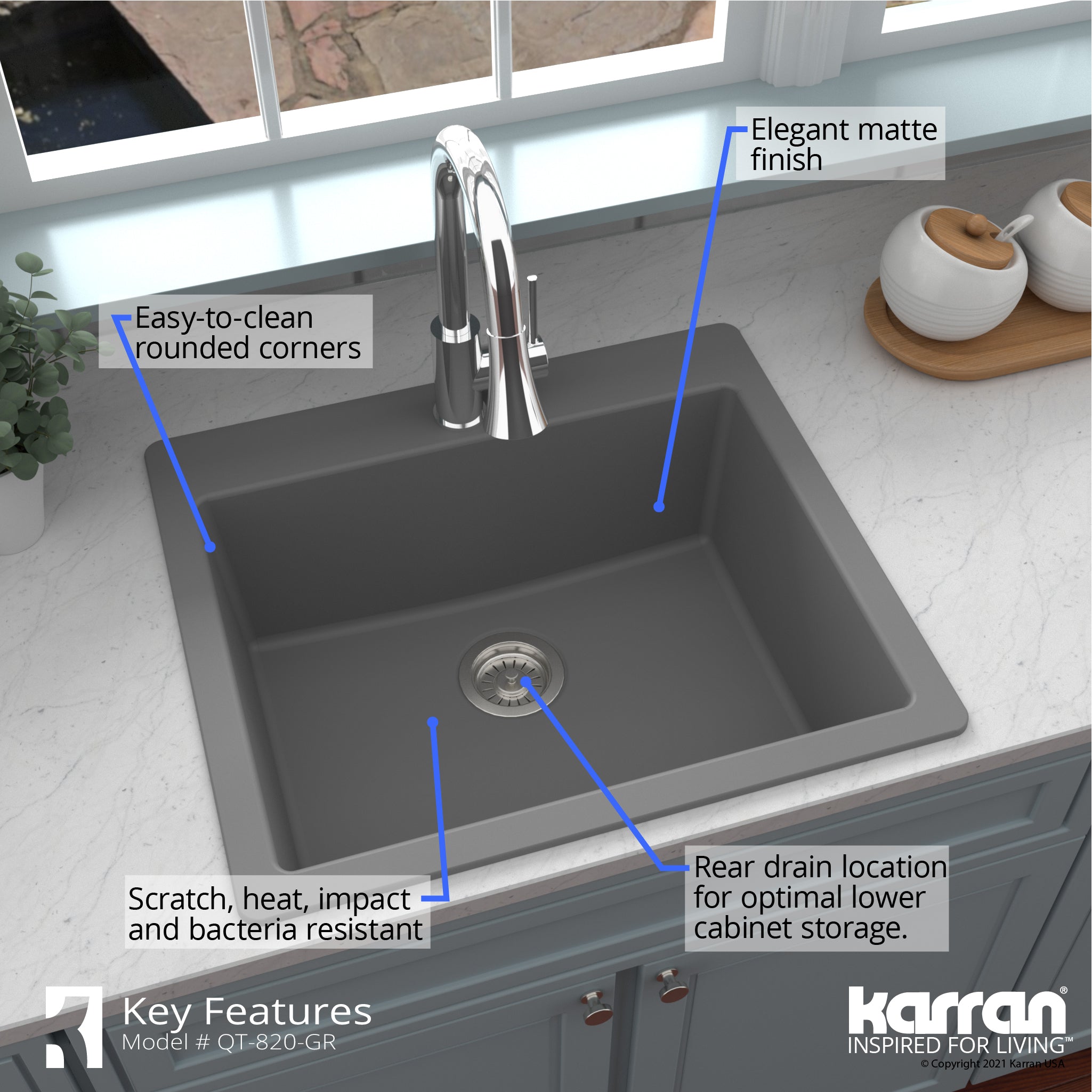 Alternate Image for Karran 25" Drop In/Topmount Quartz Composite Kitchen Sink, Grey, QT-820-GR
