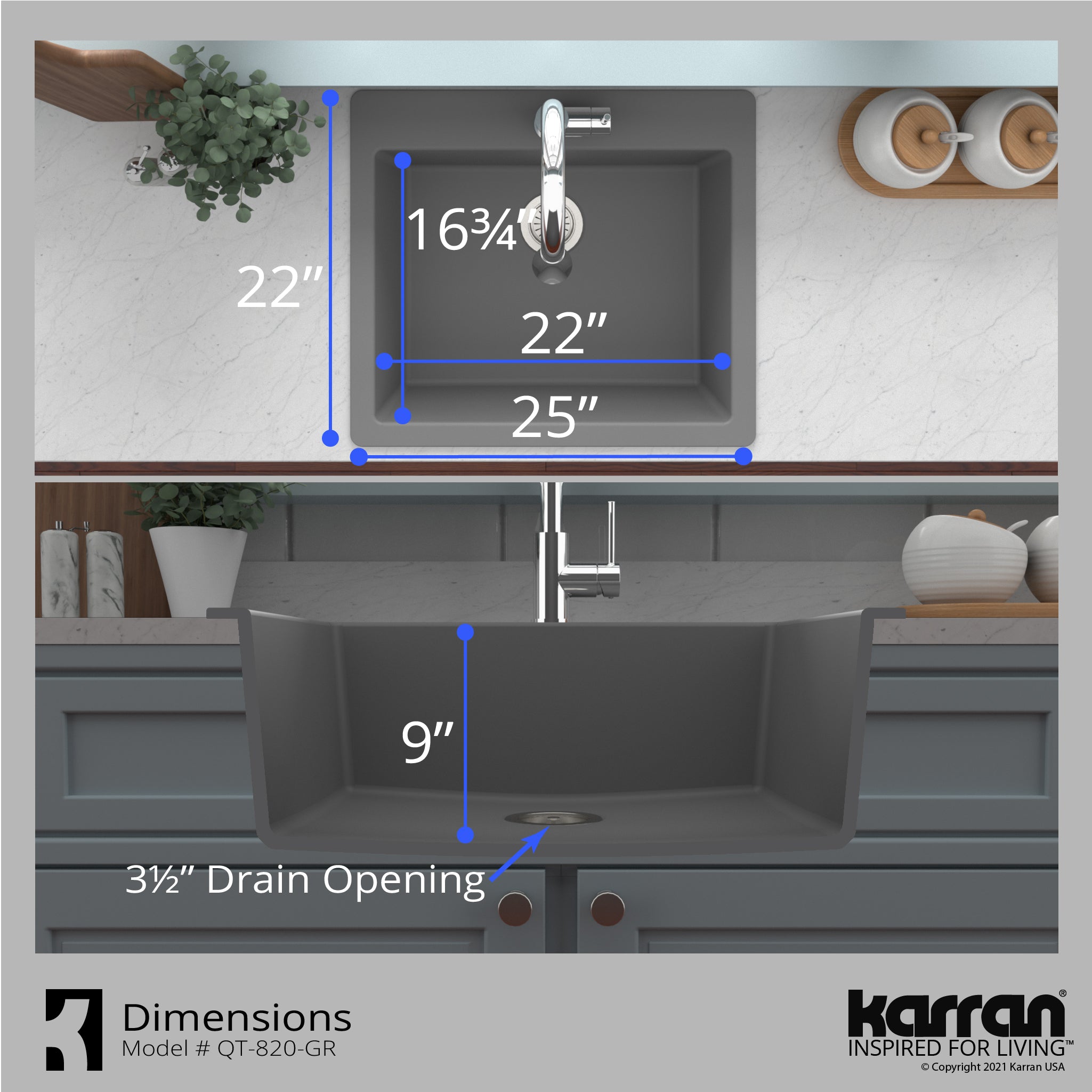 Alternate Image for Karran 25" Drop In/Topmount Quartz Composite Kitchen Sink, Grey, QT-820-GR