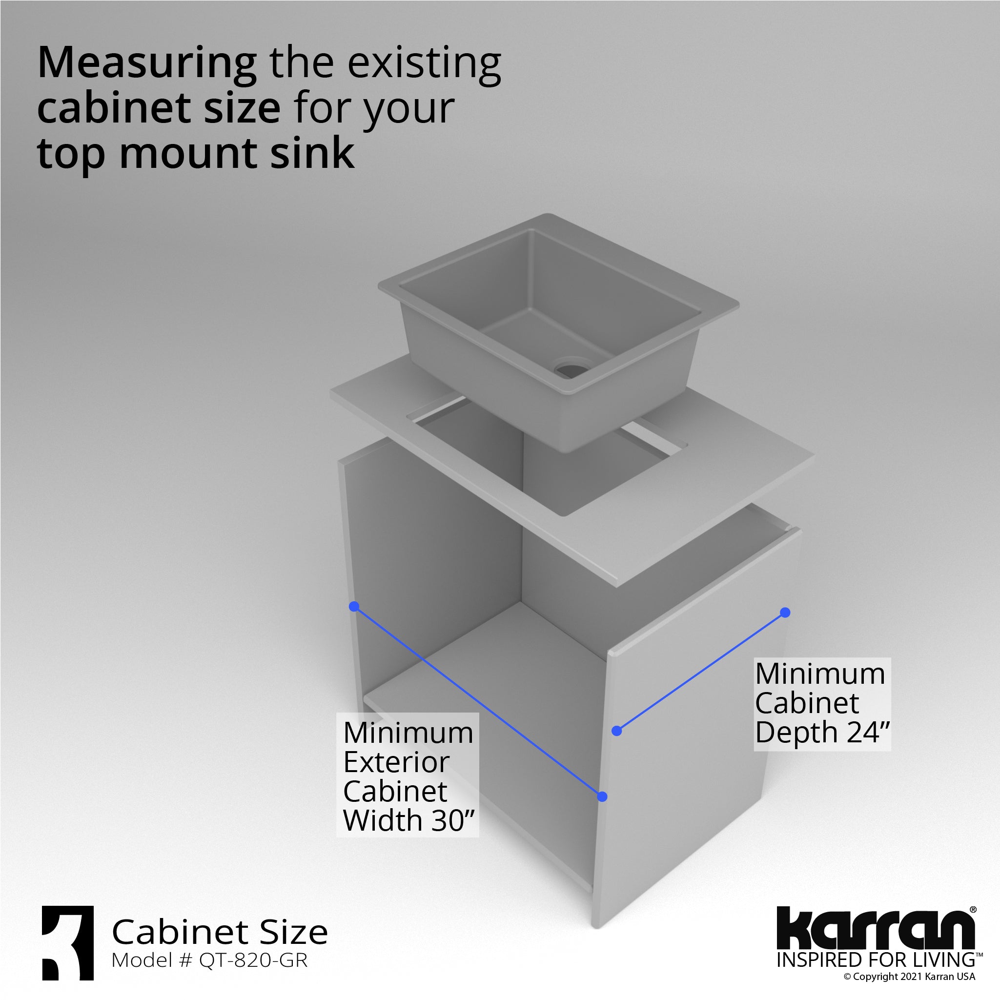 Alternate Image for Karran 25" Drop In/Topmount Quartz Composite Kitchen Sink with Accessories, Grey, QT-820-GR-PK1