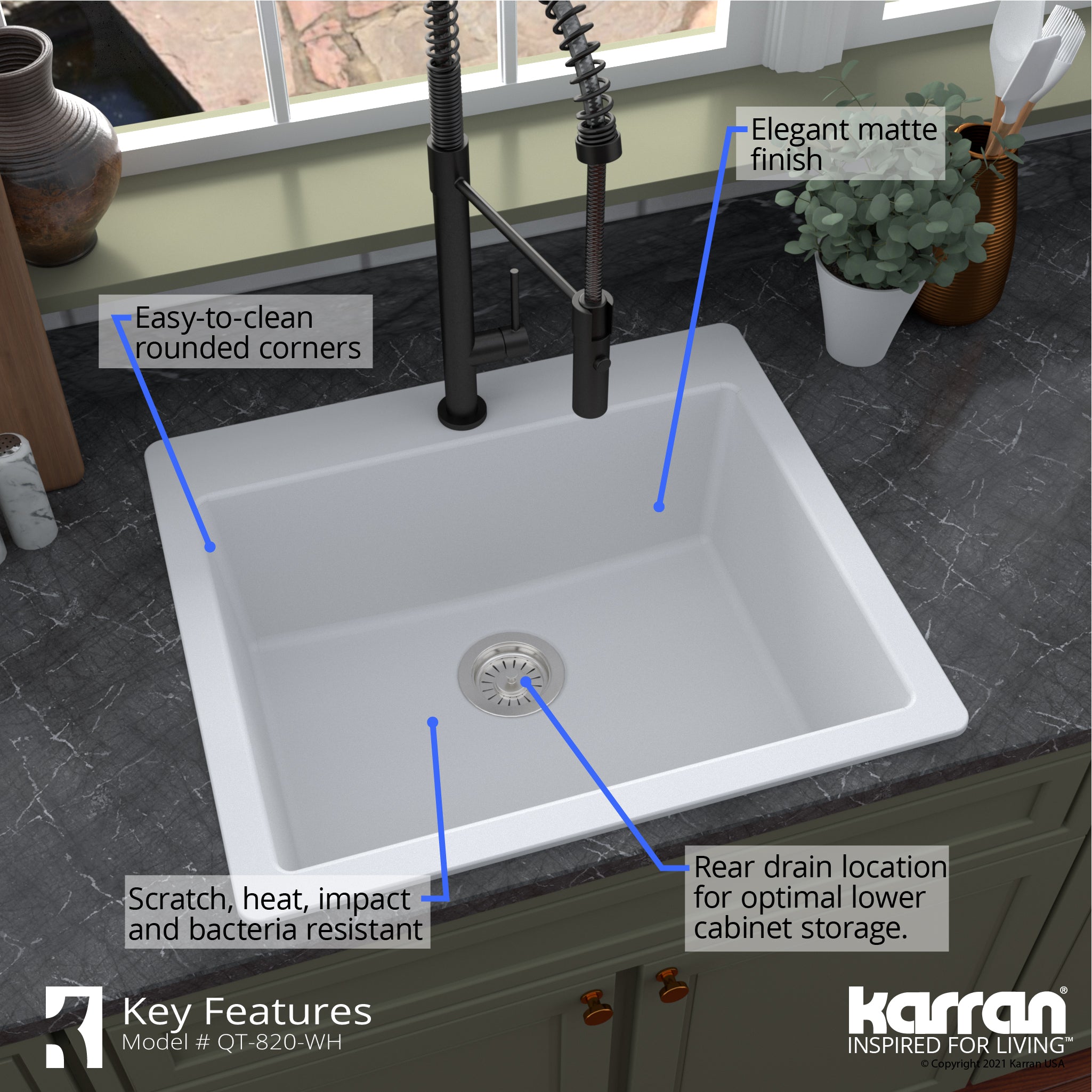 Alternate Image for Karran 25" Drop In/Topmount Quartz Composite Kitchen Sink with Accessories, White, QT-820-WH-PK1