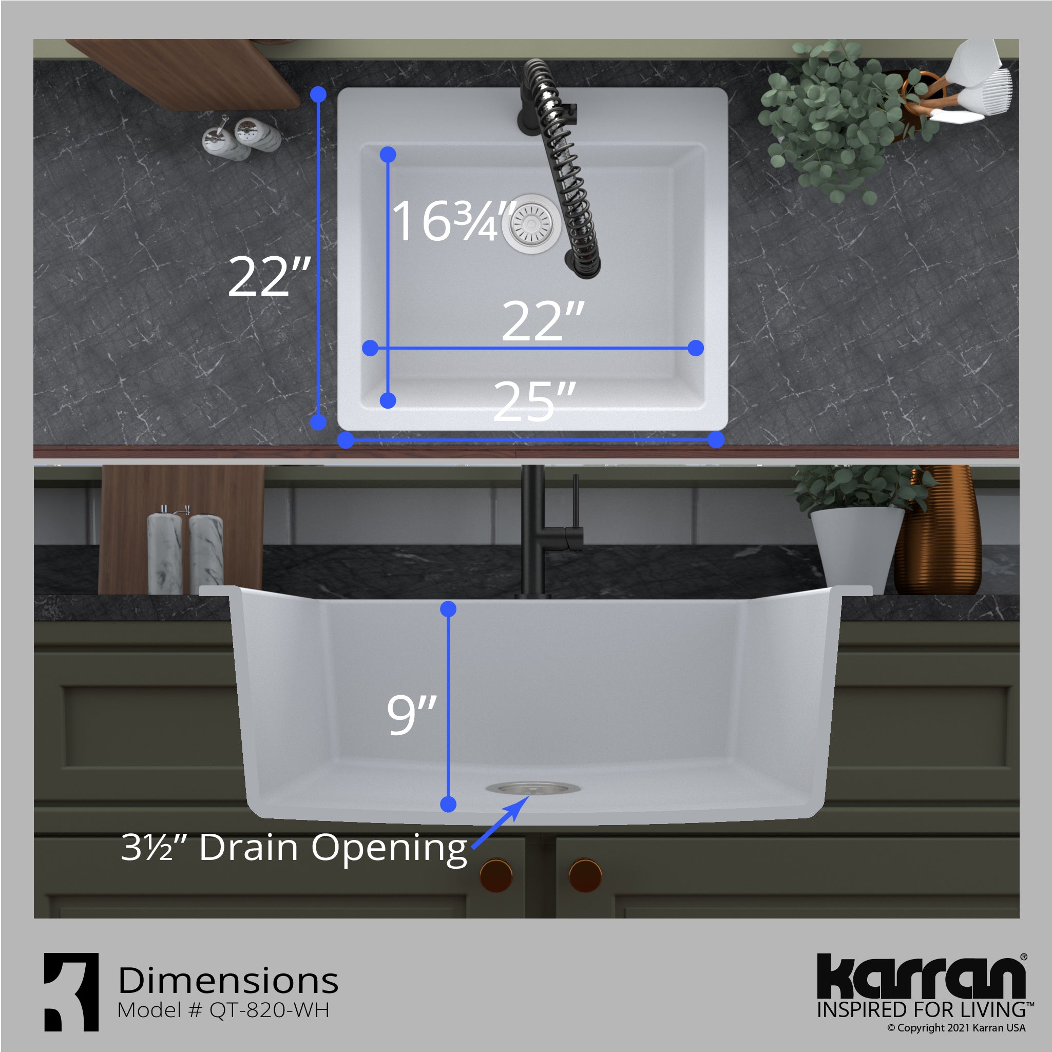 Alternate Image for Karran 25" Drop In/Topmount Quartz Composite Kitchen Sink with Accessories, White, QT-820-WH-PK1