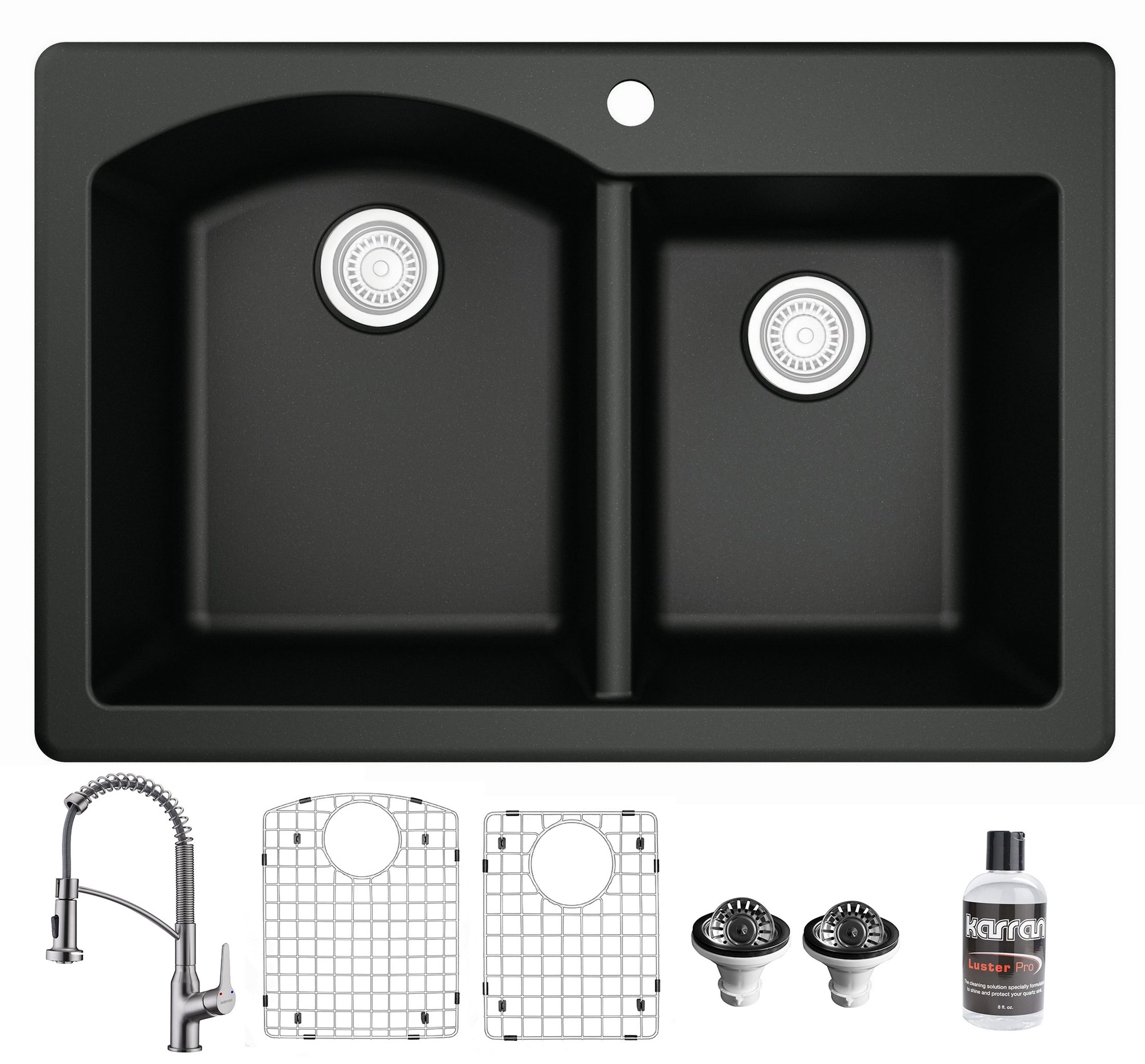Karran 33" Drop In/Topmount Quartz Composite Kitchen Sink with Stainless Steel Faucet and Accessories, 60/40 Double Bowl, Black, QT610BL210SS
