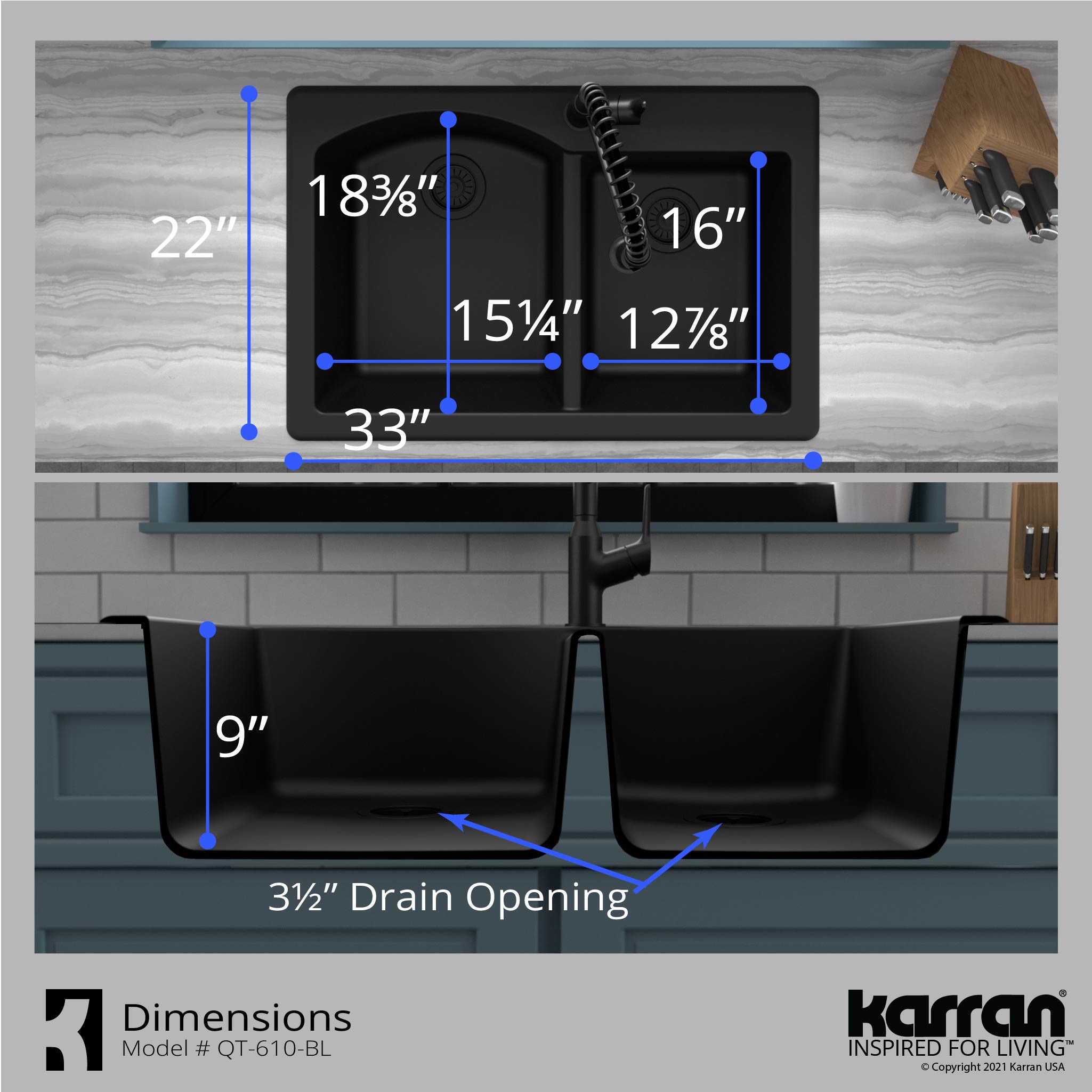 Alternate Image for Karran 33" Drop In/Topmount Quartz Composite Kitchen Sink with Stainless Steel Faucet and Accessories, 60/40 Double Bowl, Black, QT610BL210SS